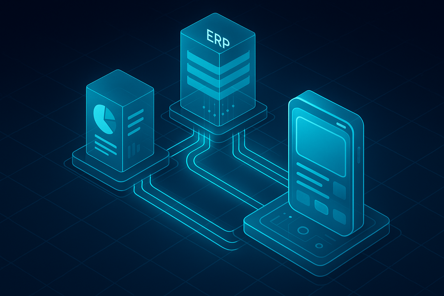 A detailed, futuristic 3D isometric description of a modular enterprise architecture diagram built from translucent glass panels, with cyan data streams linking ERP, CRM, and a PWA front end, set against a dark Abu Dhabi grid