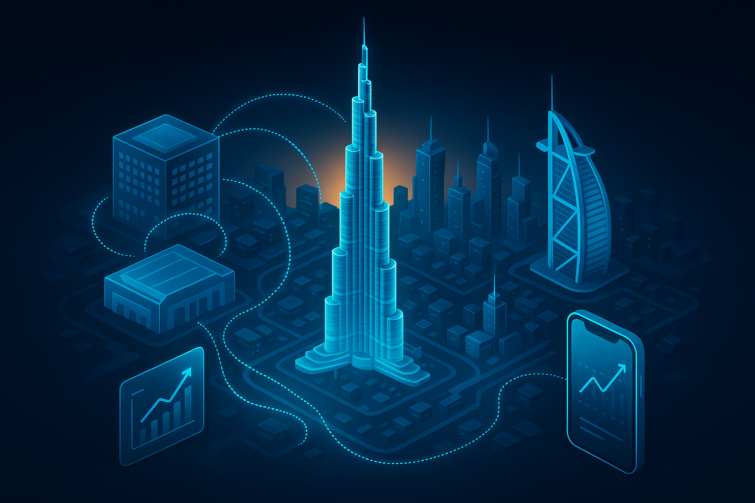 A detailed, futuristic 3D isometric description of a Dubai skyline at sunrise with holographic data streams connecting headquarters, warehouses, and mobile devices, rendered in glassmorphism style with cyan #00D4FF accents and dark mode panels showing ROI charts