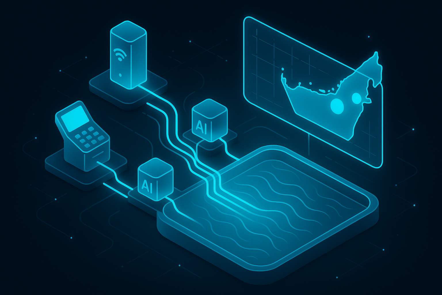 A detailed, futuristic 3D isometric description of a data pipeline glowing in cyan, flowing from point of sale and IoT sensors into a glassy lake, with AI nodes labeling streams, and a UAE map overlay showing demand hotspots
