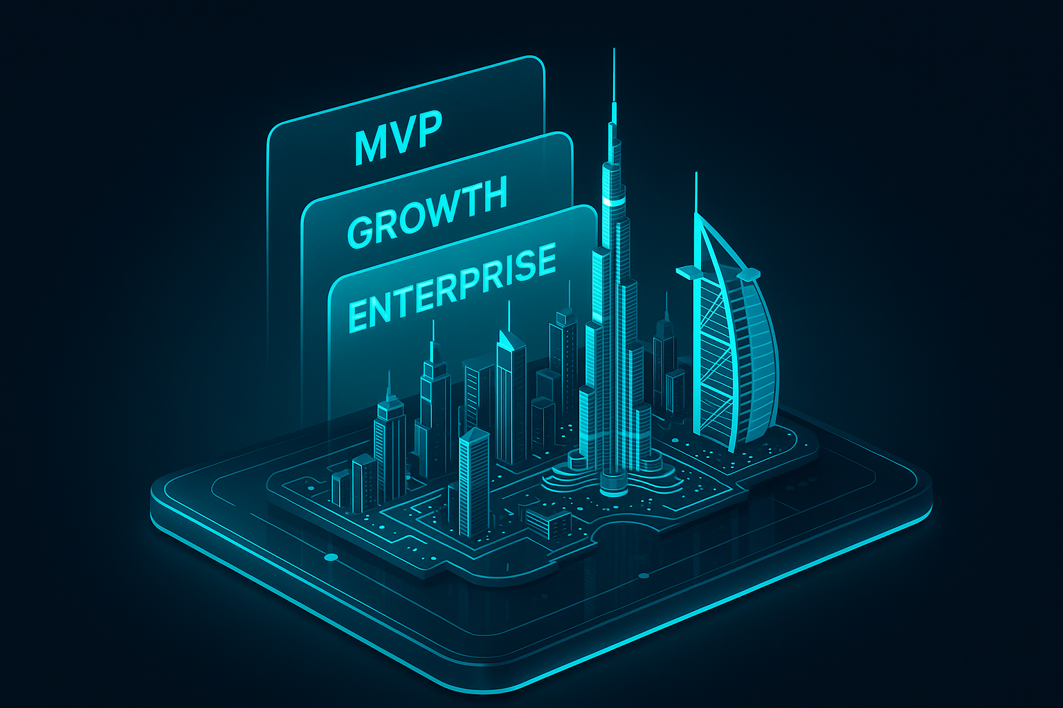 A detailed, futuristic 3D isometric description of a Dubai skyline with layered holographic panels showing cost tiers in cyan glow, each layer labeled MVP, Growth, Enterprise, floating above a dark mode glass surface with #00D4FF accents