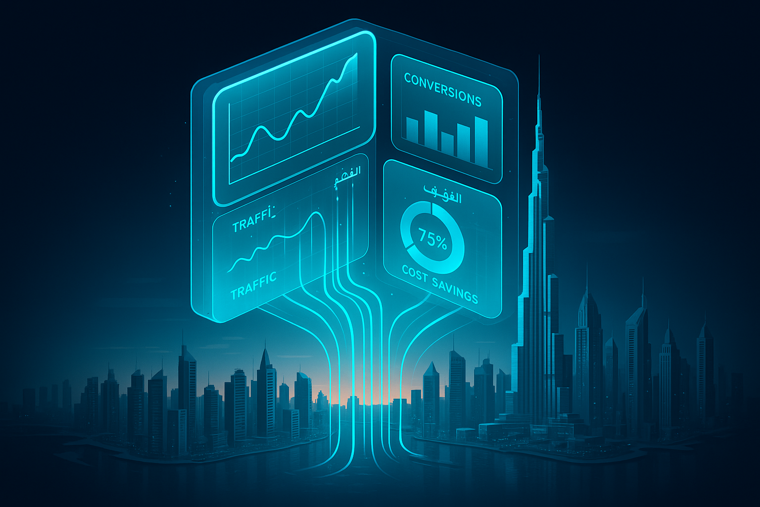 A detailed, futuristic 3D isometric description of a holographic analytics command center hovering above the Dubai Marina skyline at sunrise, cyan #00D4FF data streams flow into glassmorphism panels showing traffic, conversions, and cost savings, with touch points labeled in Arabic and English