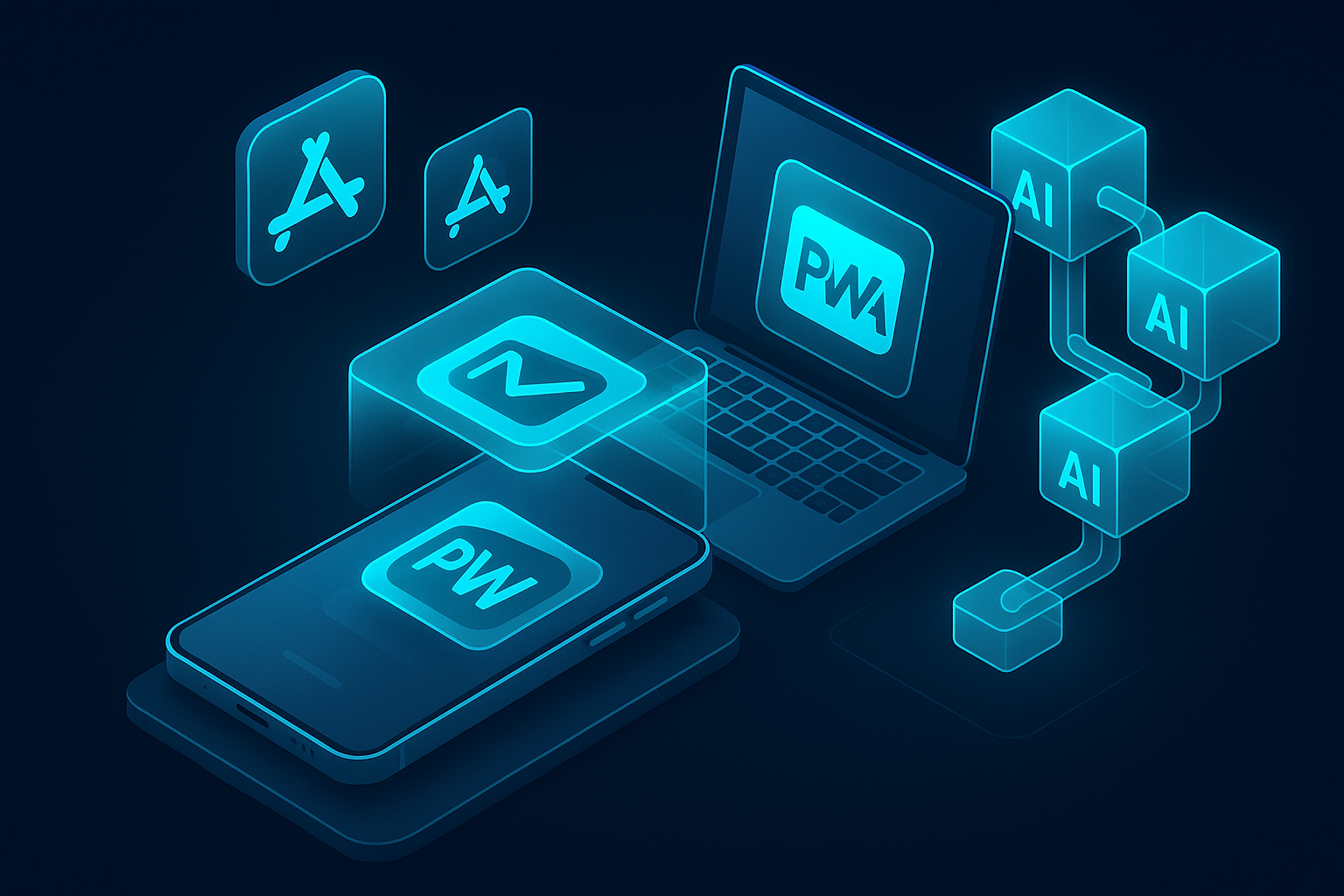 A detailed, futuristic 3D isometric description of a PWA icon with a cyan #00D4FF glow sliding onto a smartphone and laptop home screen, app store badges floating nearby, and AI microservices as luminous cubes connected by glassy conduits