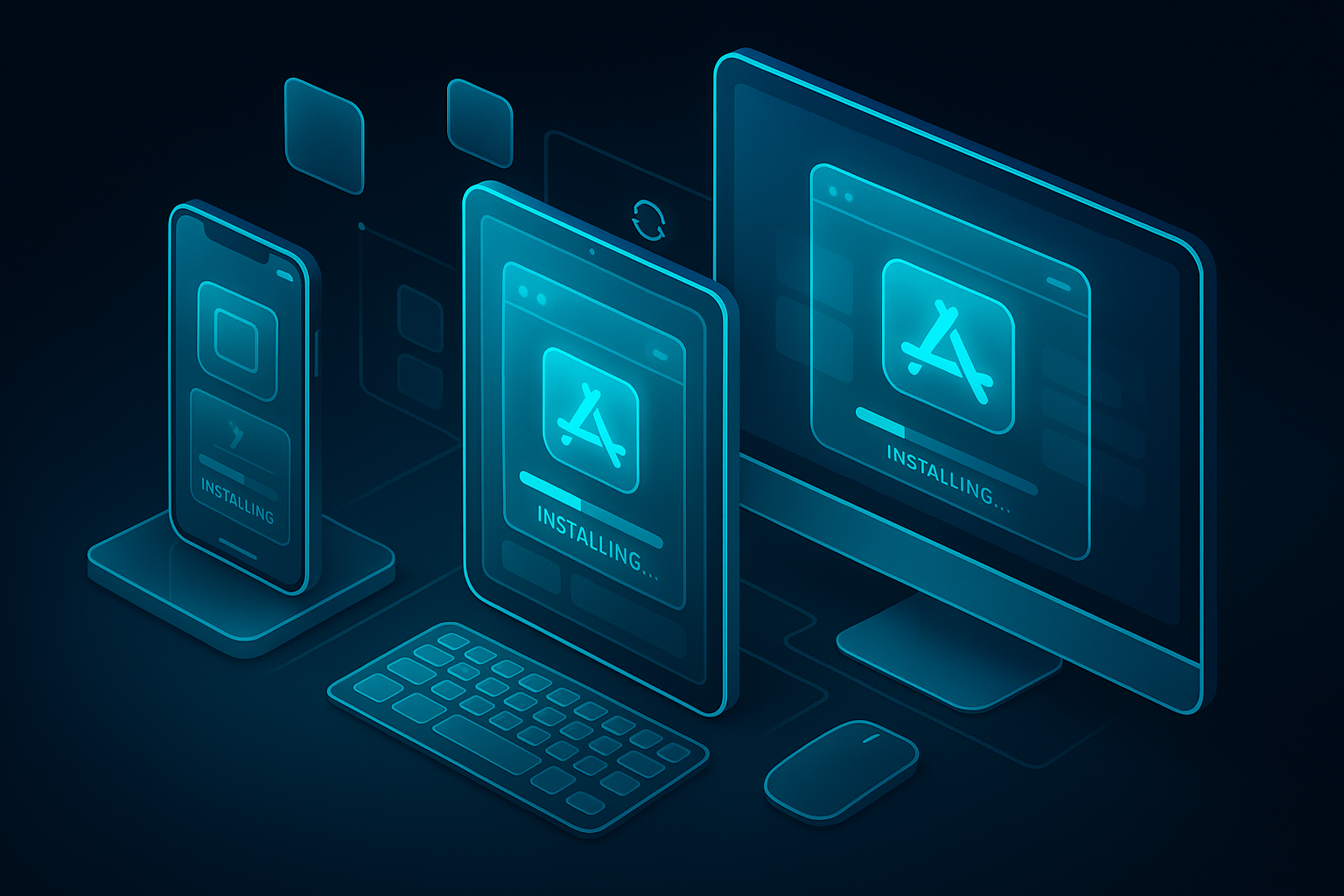 A detailed, futuristic 3D isometric scene of a PWA installing across phone, tablet, and desktop, with glowing app store tiles, cyan UI accents, and transparent glass cards syncing in real time
