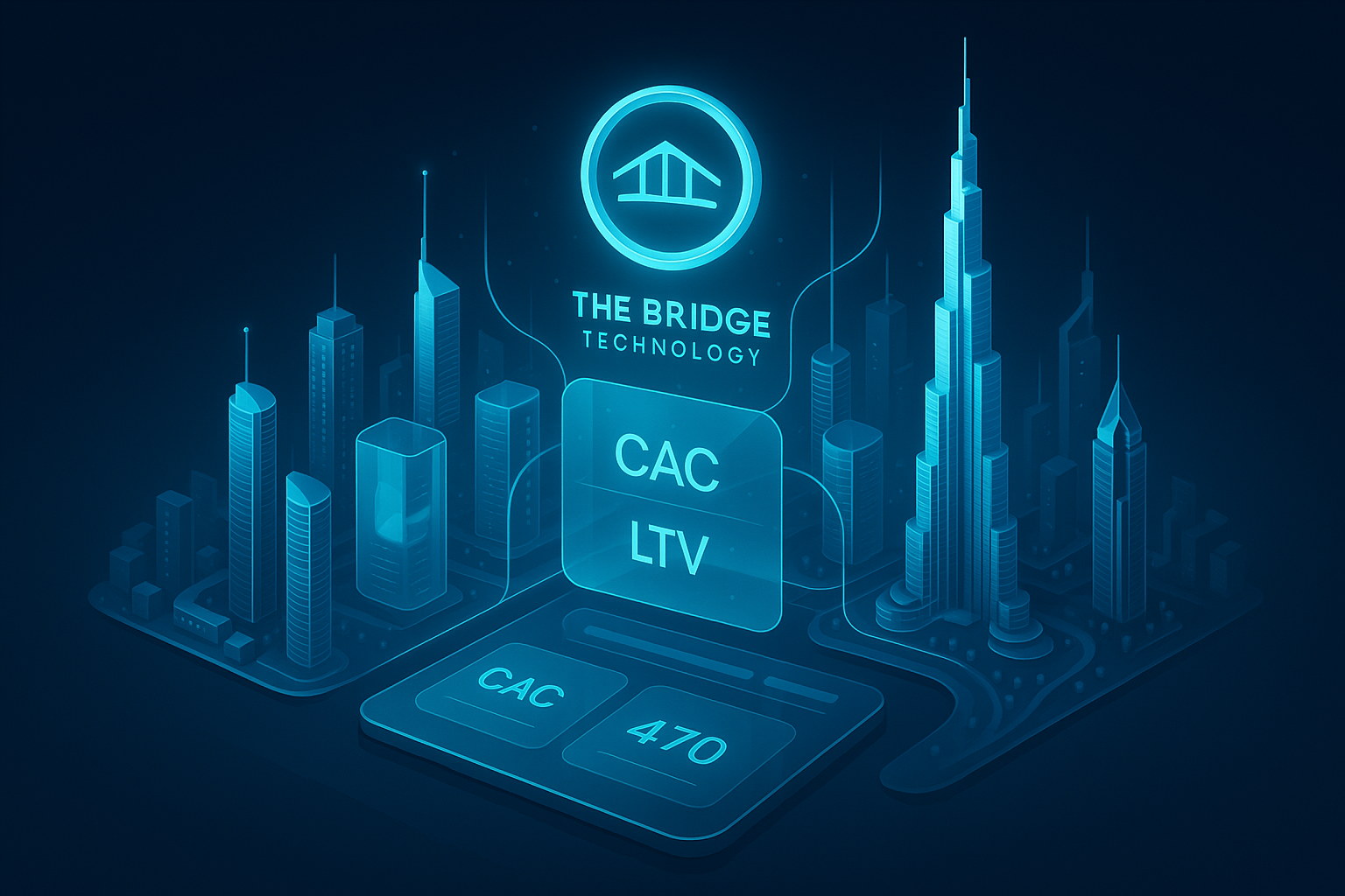 A detailed, futuristic 3D isometric description of Dubai Marina and Downtown skyline at sunrise, with cyan data streams connecting towers, glassmorphism panels showing KPIs like CAC and LTV, and a holographic The Bridge Technology logo floating above a sleek PWA interface