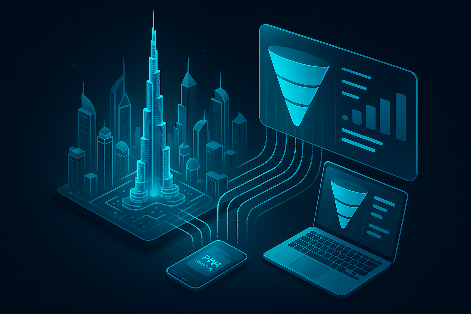 A detailed, futuristic 3D isometric view of a dark mode Dubai skyline with cyan #00D4FF data streams flowing into a glassmorphism analytics dashboard that displays ROI funnels, conversion metrics, and a glowing PWA install prompt on a phone and laptop