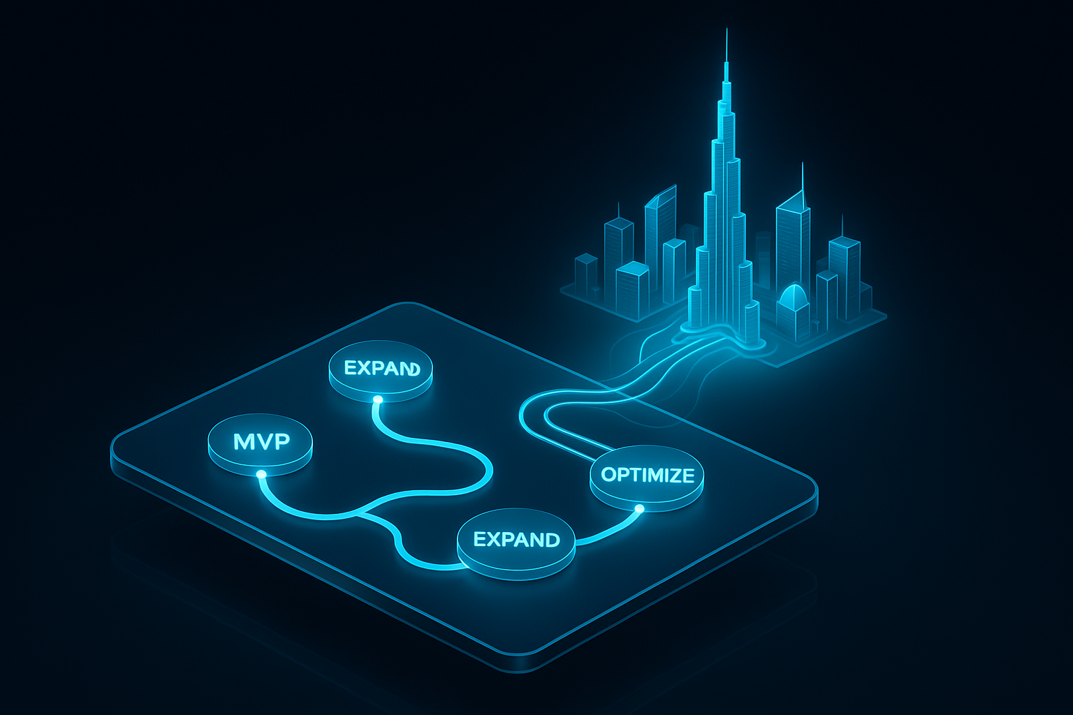 A sleek 3D isometric roadmap board hovering over a dark glass surface, with glowing cyan #00D4FF milestones labeled MVP, Scale, Optimize, and Expand, connected by light trails toward a stylized Dubai skyline.