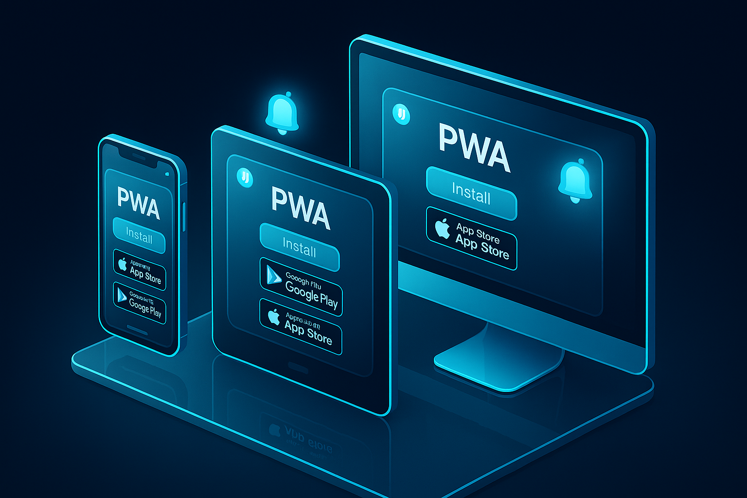 A detailed, futuristic 3D isometric description of a phone, tablet, and desktop floating above a glass surface, each showing the same PWA interface with install prompts, push notification icons, and App Store and Google Play badges glowing in cyan #00D4FF