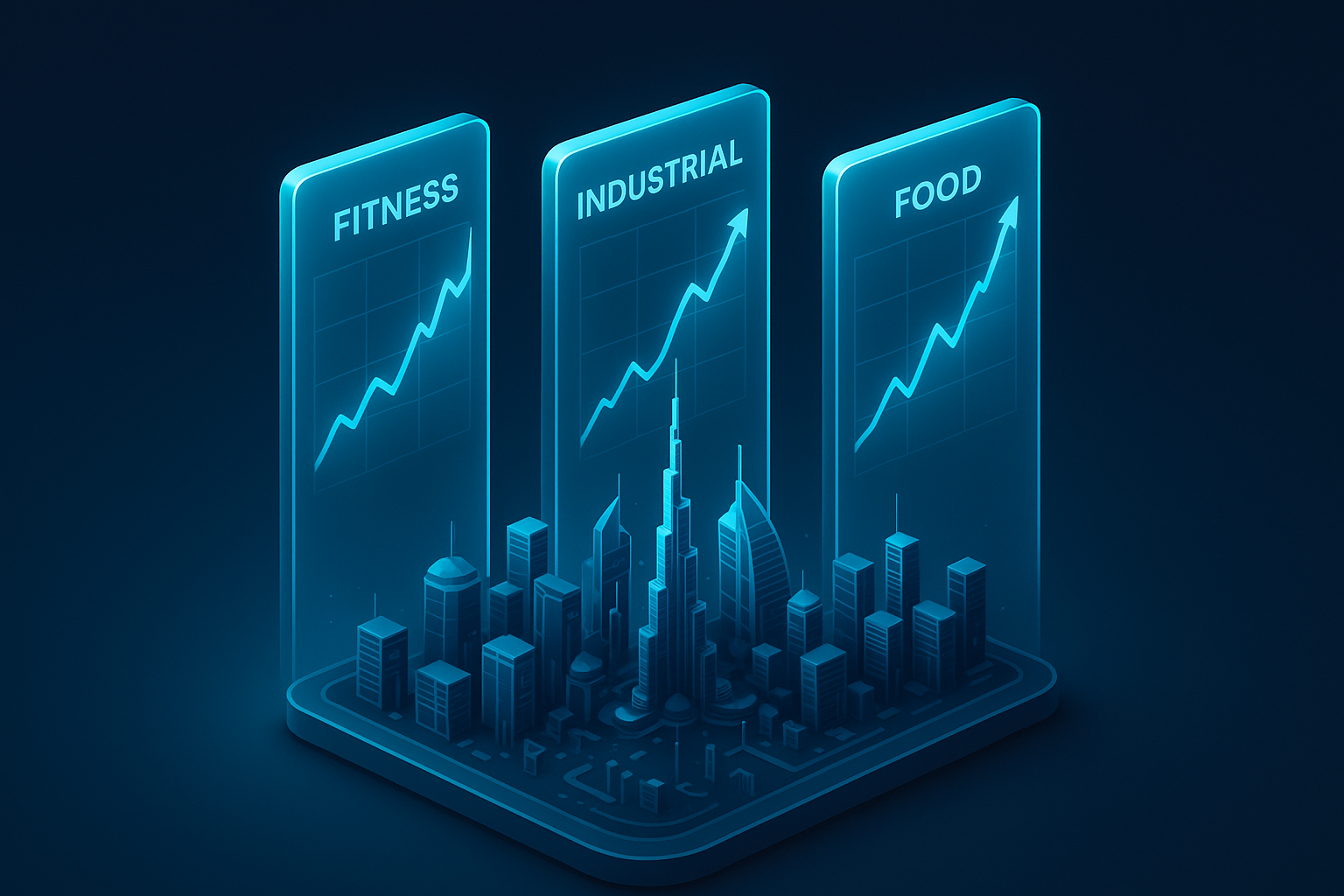A detailed, futuristic 3D isometric description of three vertical glass panels labeled Fitness, Industrial, and Food, each showing KPI graphs rising over a stylized Dubai skyline, with cyan #00D4FF glow and subtle depth of field