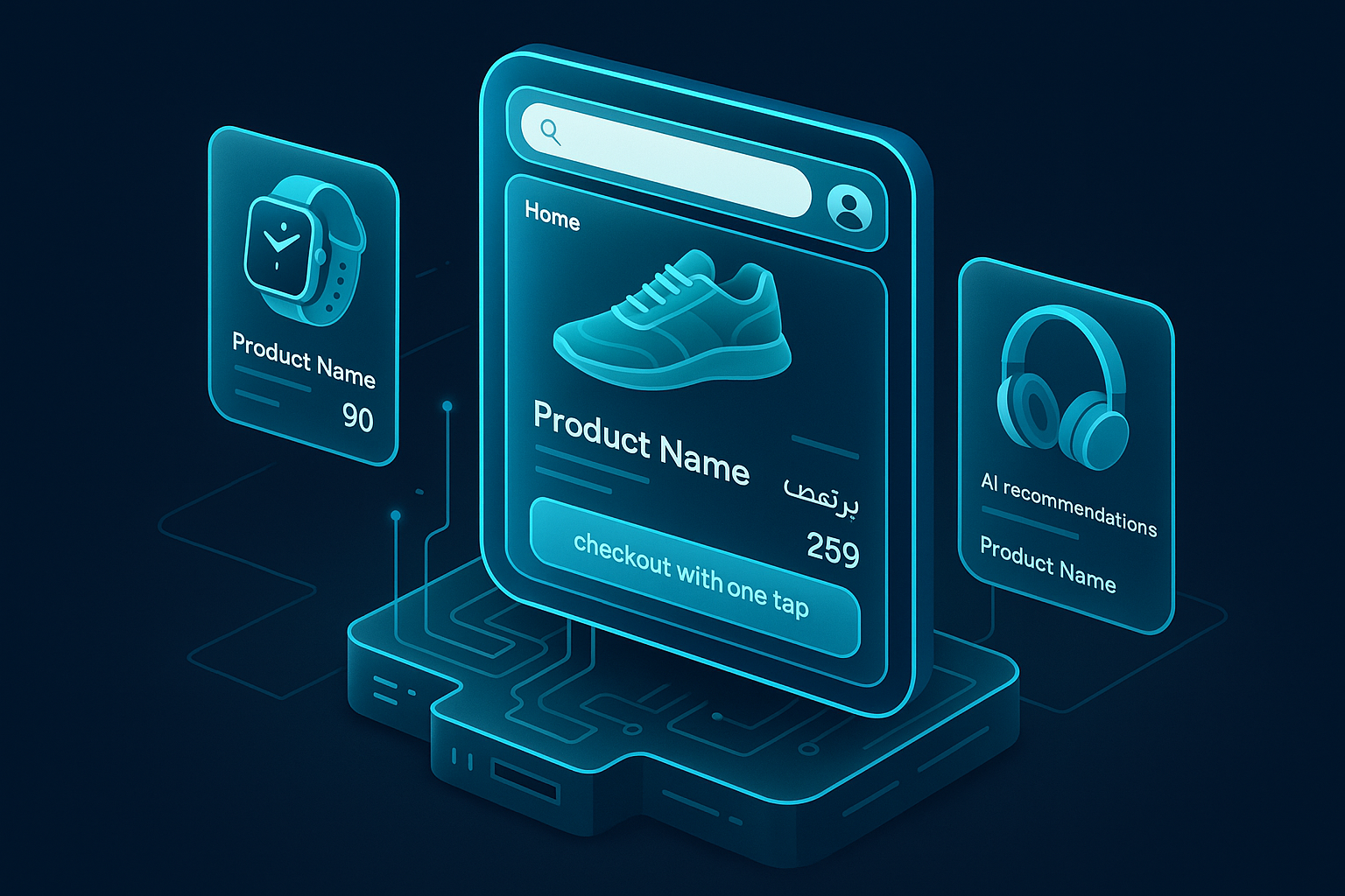 A detailed, futuristic 3D isometric PWA storefront with Arabic and English UI, floating product cards, one tap checkout, and AI recommendations, all rendered in glassmorphism with cyan #00D4FF accents