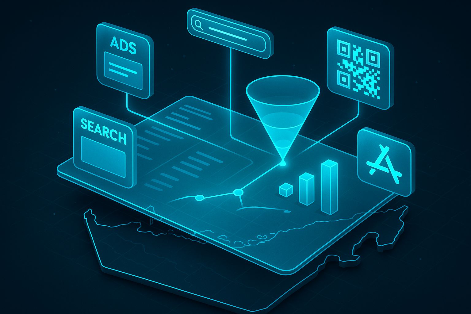 A detailed, futuristic 3D isometric description of a glass dashboard floating above a dark mode map of the UAE, with cyan #00D4FF data beams connecting ads, search results, QR codes, and app store icons into a single PWA funnel, showing conversion gauges rising