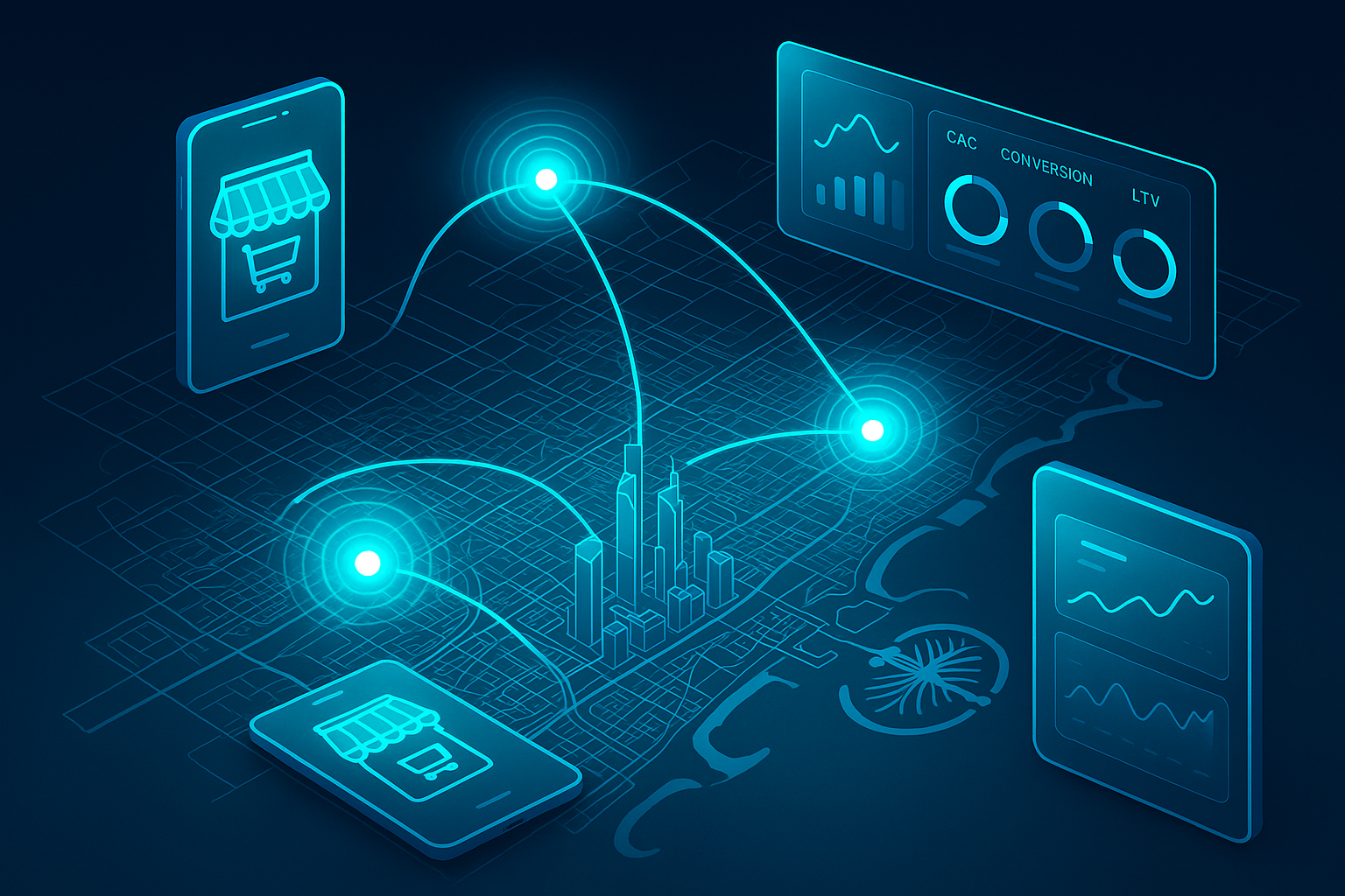 A detailed, futuristic 3D isometric city map of Dubai with glowing nodes at DIFC, Dubai Marina, and JAFZA, data streams connecting storefront PWAs on phones and tablets, cyan #00D4FF pulses, glassmorphism analytics panels showing CAC, conversion, and LTV