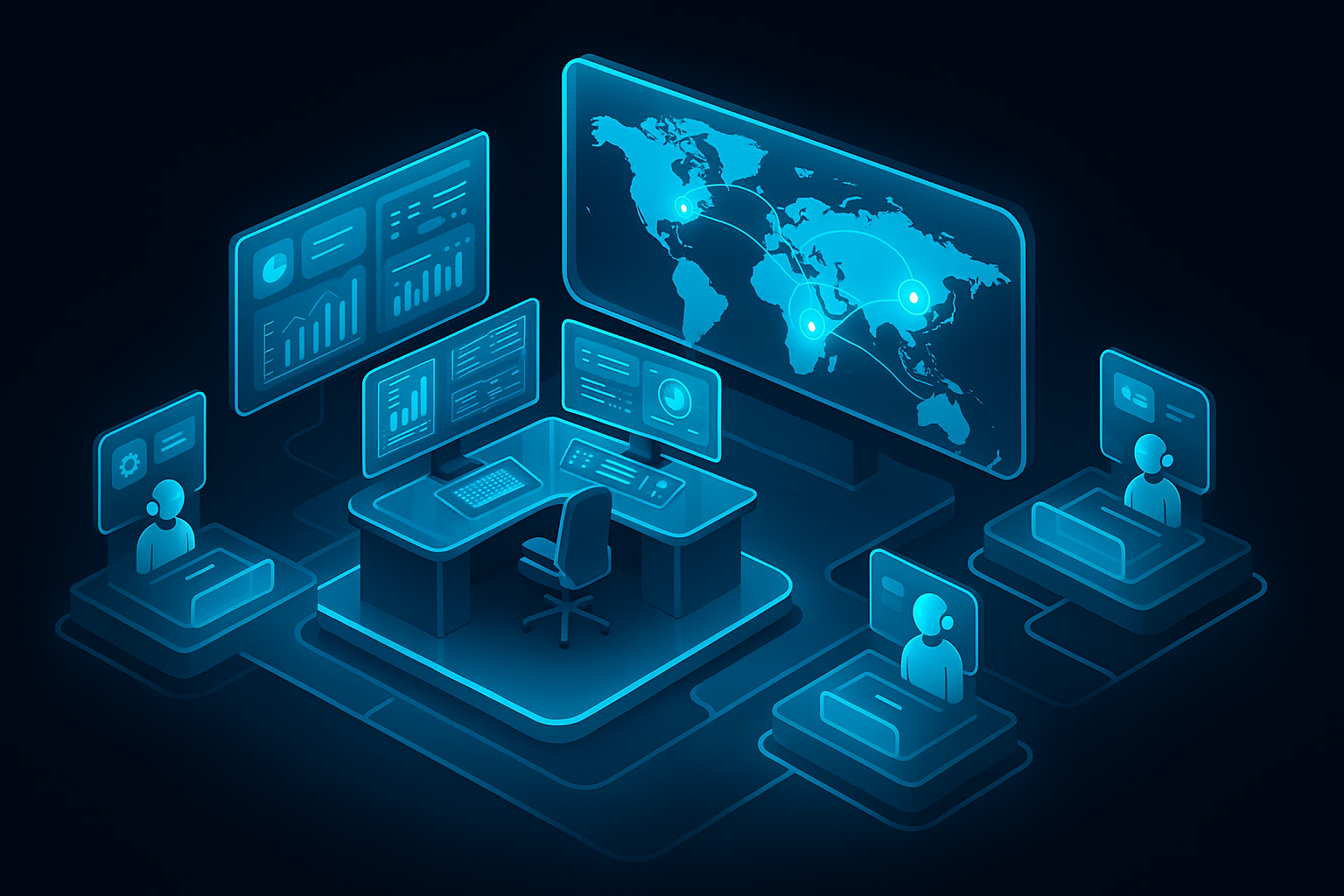 A detailed, futuristic 3D isometric description of an executive command center with glass dashboards, AI copilot nodes assisting teams, and a world map highlighting UAE, KSA, and global routes in cyan neon