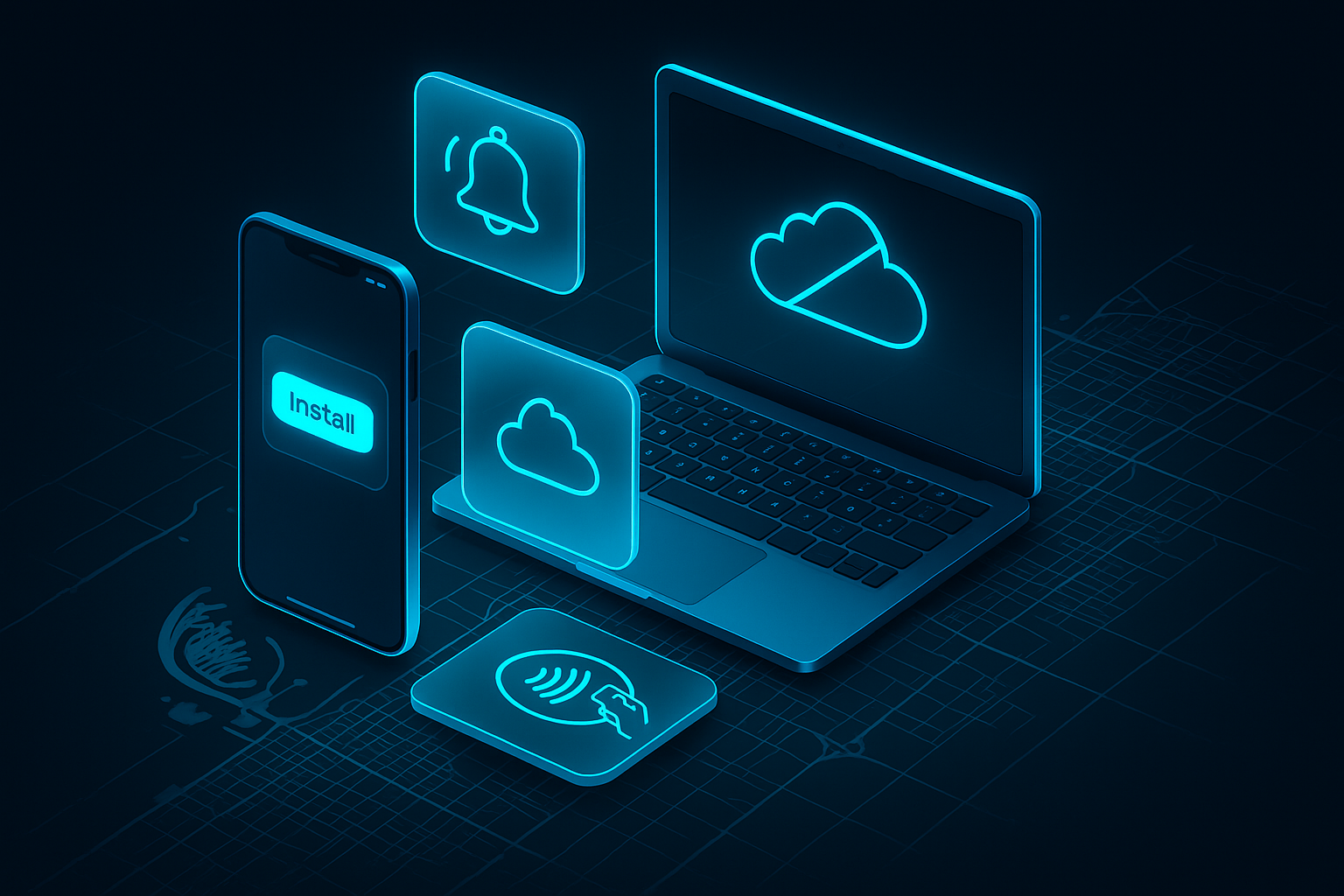 A detailed, futuristic 3D isometric description of a sleek smartphone and laptop in dark mode, with cyan #00D4FF glassmorphism tiles showing an Install App prompt, push notification bell, offline cloud icon, and tap to pay checkout, all floating over a wireframe map of Dubai.