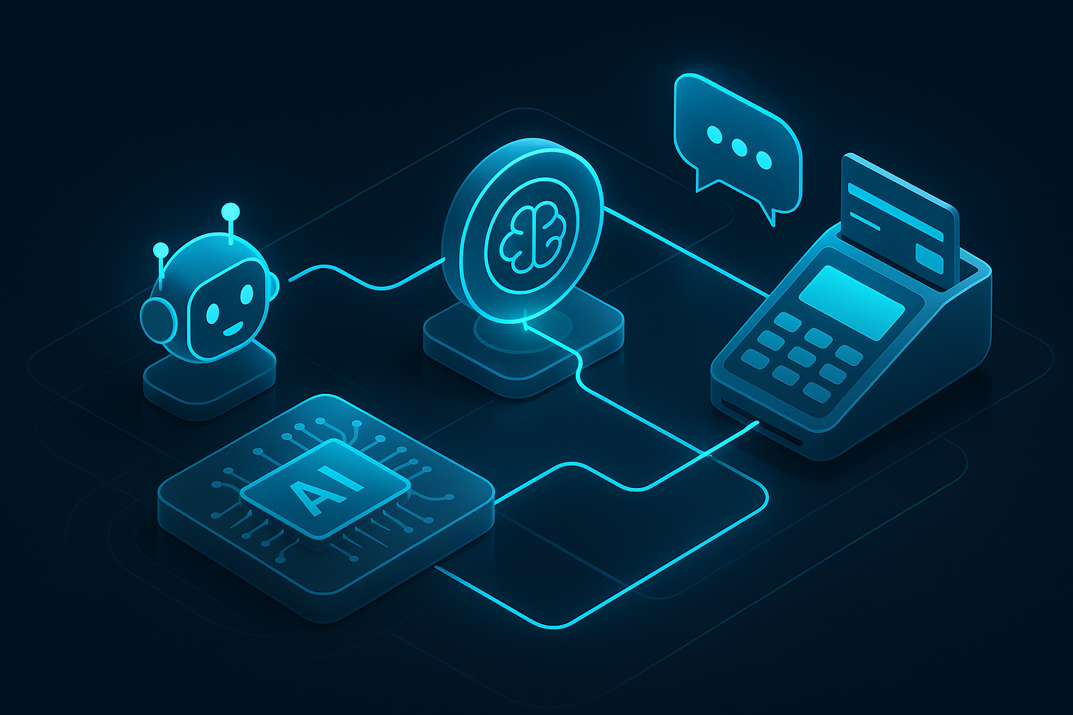 A detailed, futuristic 3D isometric description of an automated customer journey pipeline, with AI nodes, chatbots, and payment gateways connected by cyan #00D4FF neon lines on a dark glass surface.
