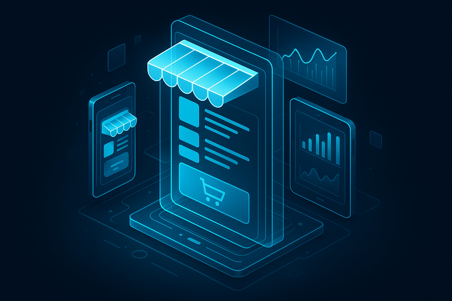 A detailed, futuristic 3D isometric depiction of a PWA storefront floating in glass panes, phones and tablets docking into it, with cyan #00D4FF highlights and analytics graphs streaming in real time
