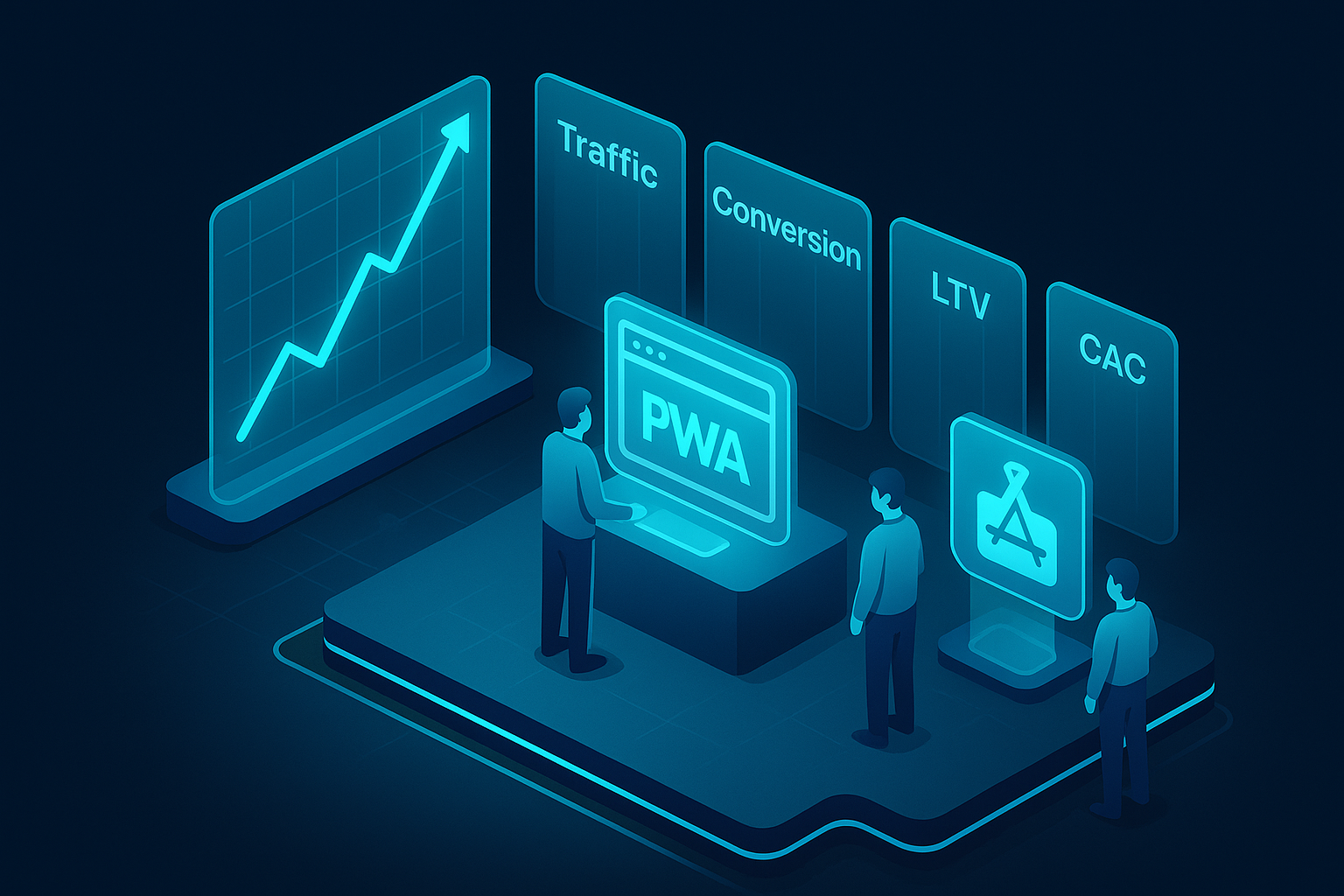 An isometric operations war room with glass panels labeled Traffic, Conversion, LTV, and CAC, a cyan #00D4FF line racing upward on a transparent chart, engineers deploying a PWA to both a browser and app store holograms