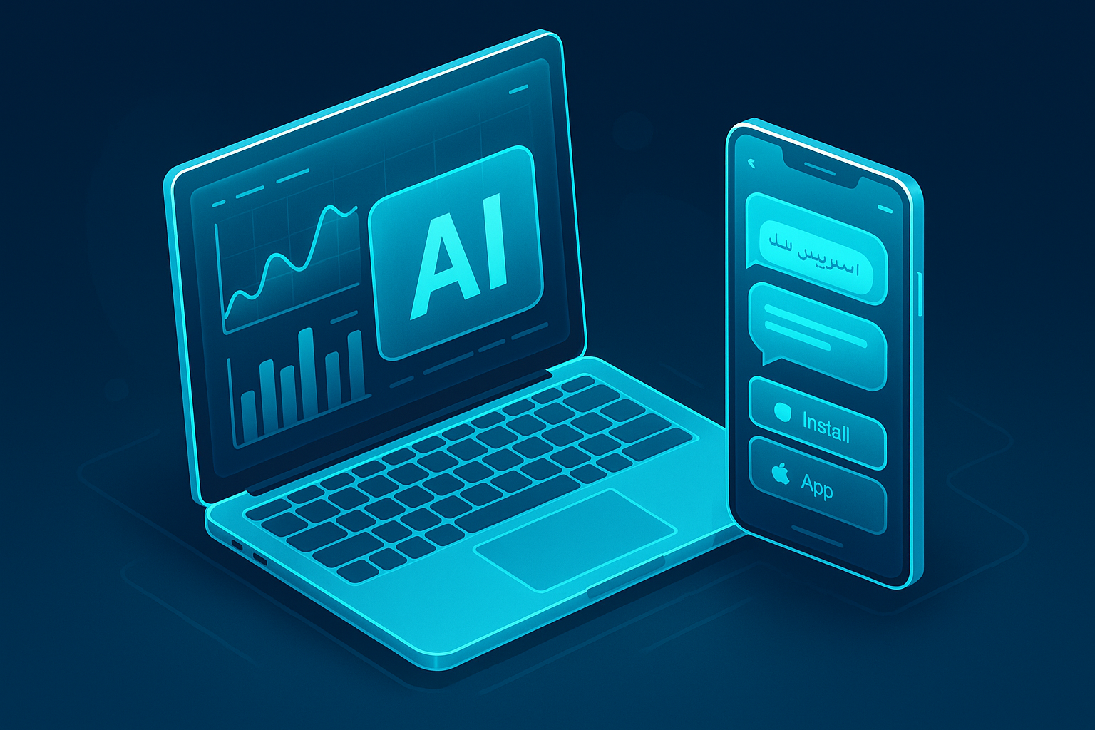 A detailed, futuristic 3D isometric description of a glassmorphism smartphone and laptop duo showing an AI powered PWA dashboard with cyan charts, Arabic and English chat assistant bubbles, and install buttons for app stores