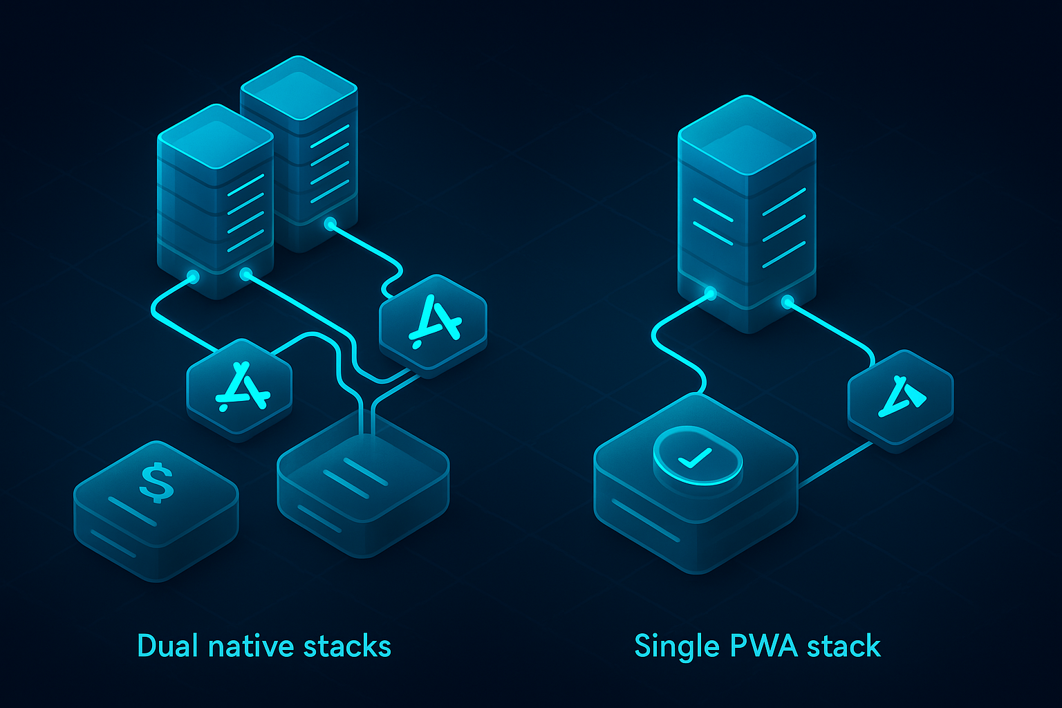A detailed, futuristic 3D isometric description of a split screen cost model, left shows dual native stacks with duplicated pipelines, right shows a single PWA stack feeding both app stores, cyan #00D4FF highlight on savings, glassmorphism budget cards