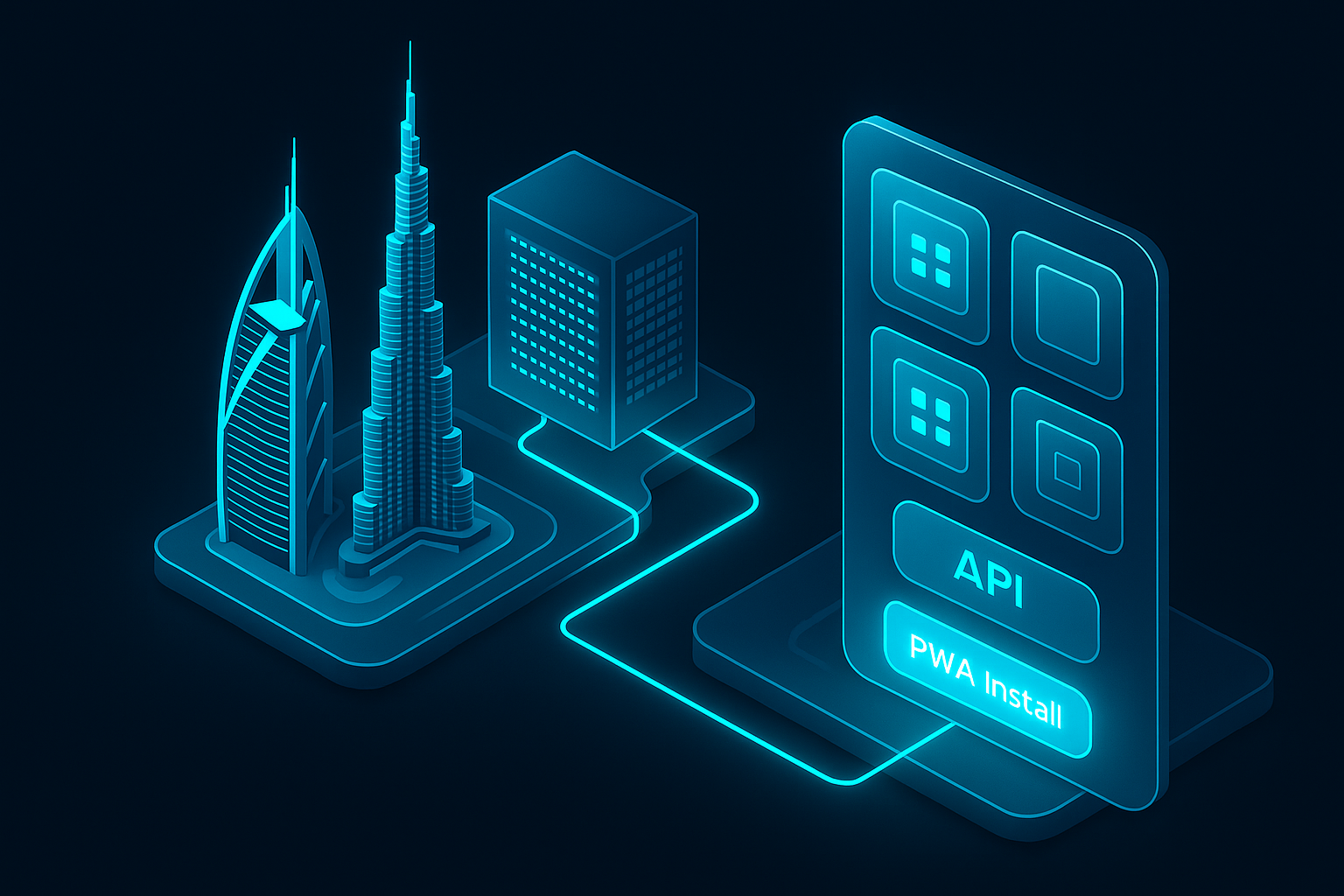 A detailed, futuristic 3D isometric diagram of a Dubai skyline data center feeding a glassmorphism control panel with cyan #00D4FF accents, showing modular app components, API gateways, and a PWA install button glowing.