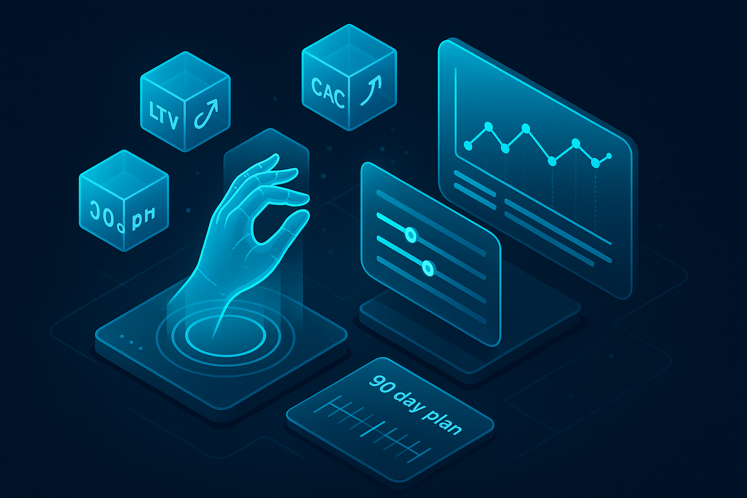 A detailed, futuristic 3D isometric description of a glassmorphism analytics war room, with floating cubes showing CAC, LTV, and conversion, a cyan #00D4FF timeline of the 90 day plan, and a holographic hand moving budget sliders across channels.
