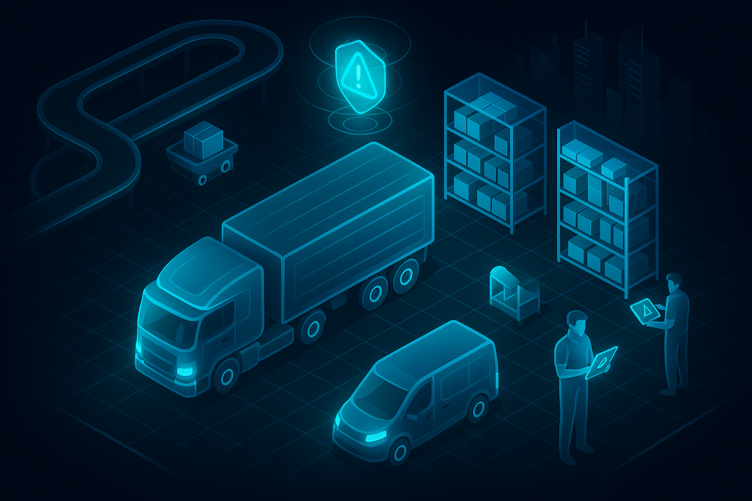 A detailed, futuristic 3D isometric description of a logistics hub near Jebel Ali with autonomous vehicles, smart shelves, and workers using PWA tablets, cyan holograms indicating predictive maintenance alerts, all in glassmorphism dark mode