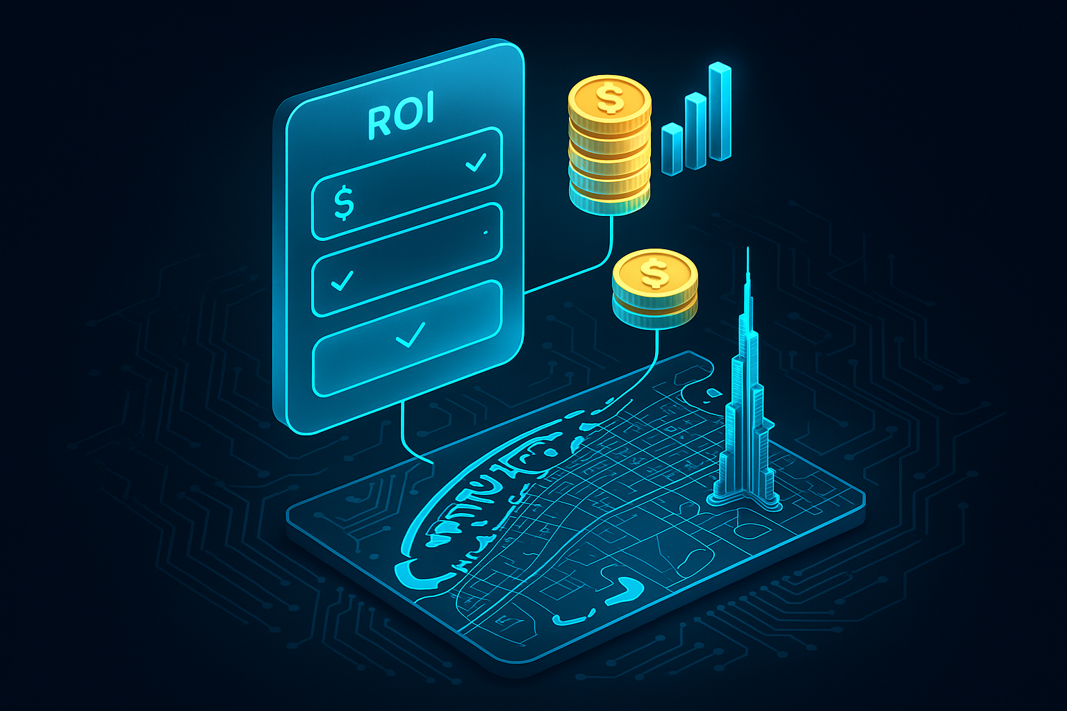 A detailed, futuristic 3D isometric description of a glassmorphism ROI calculator floating above a circuit board map of Dubai, cyan #00D4FF highlights show inputs and outputs, with animated coins and charts stacking upward