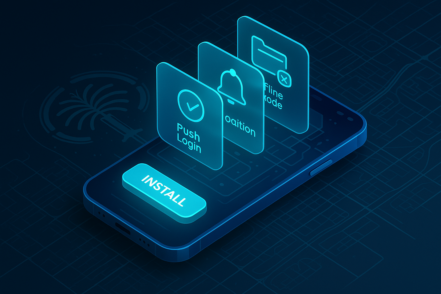 A detailed, futuristic 3D isometric description of a glossy mobile device with a glowing cyan install button, layered glass panels showing offline caching, push notifications, and biometric login, set against a stylized Dubai Marina map