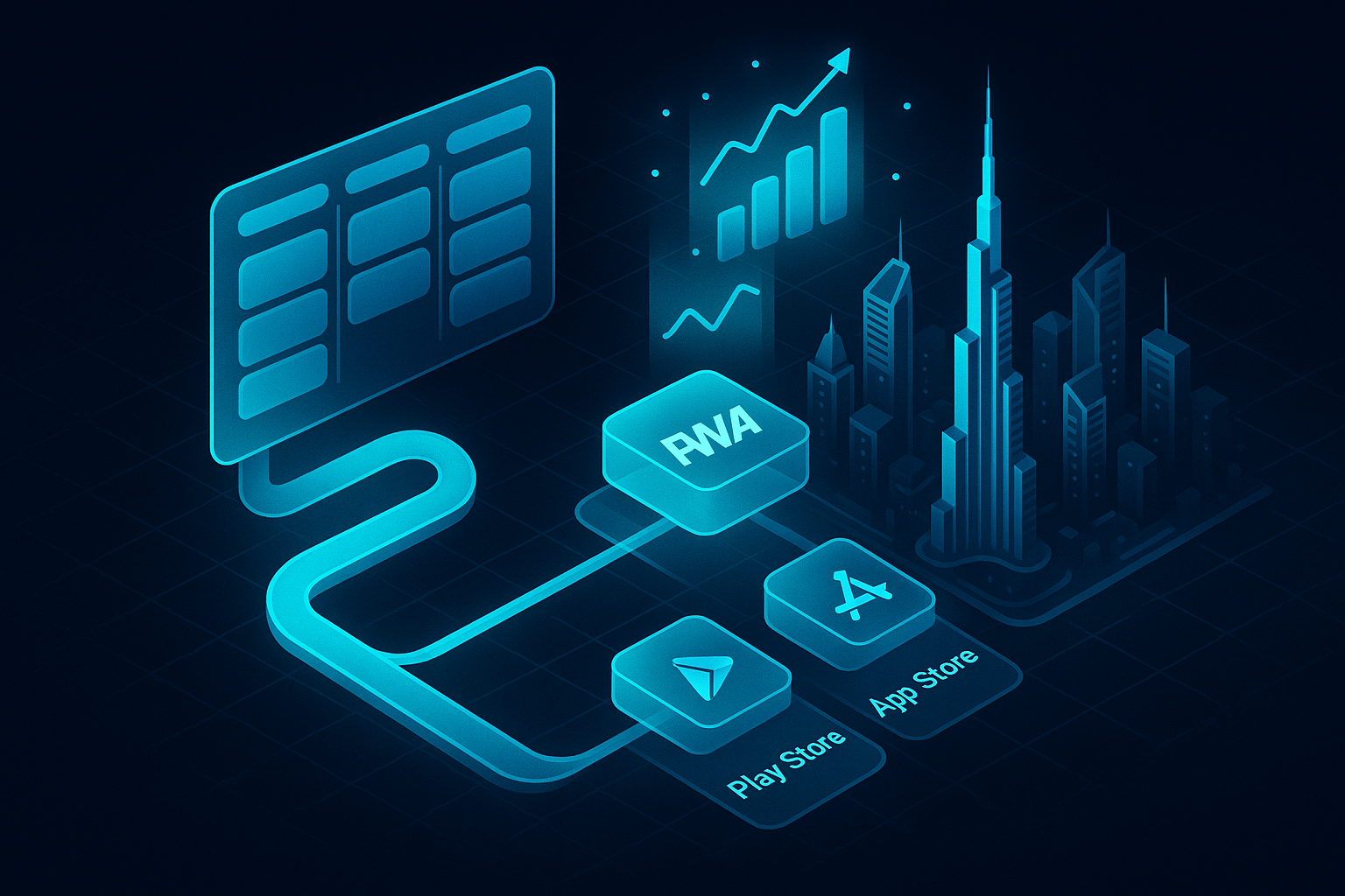 A detailed, futuristic 3D isometric description of a glassmorphism kanban board flowing into a cyan pipeline, where a single PWA build splits into web, Play Store, and App Store tiles, with glowing analytics charts rising upward over a stylized Dubai Marina.