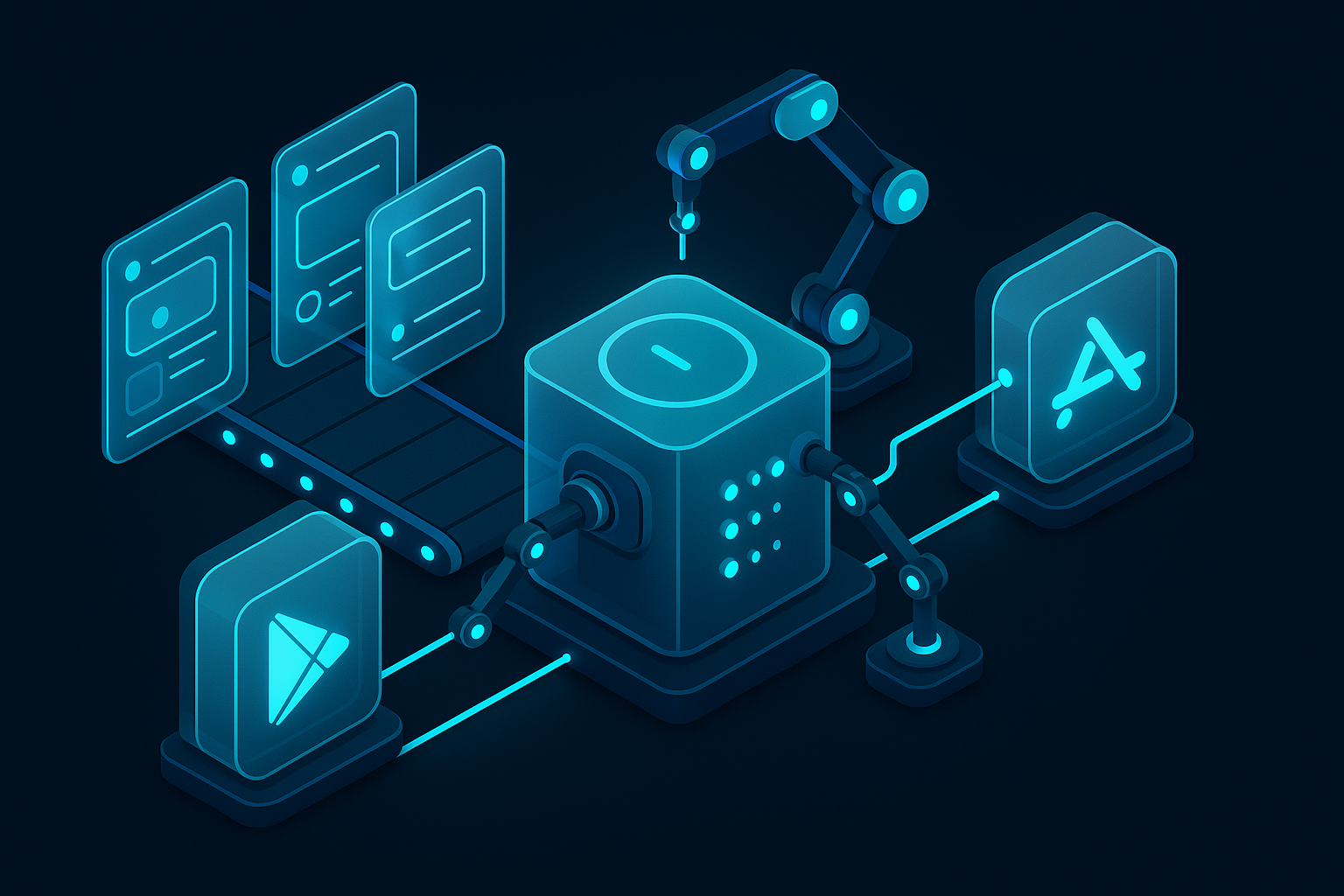 A detailed, futuristic 3D isometric description of a glassmorphism production line where designs flow into a single PWA engine, then split into web, Android Play listing, and iOS App Store listing, with cyan #00D4FF status lights and tiny robotic arms deploying updates in real time.