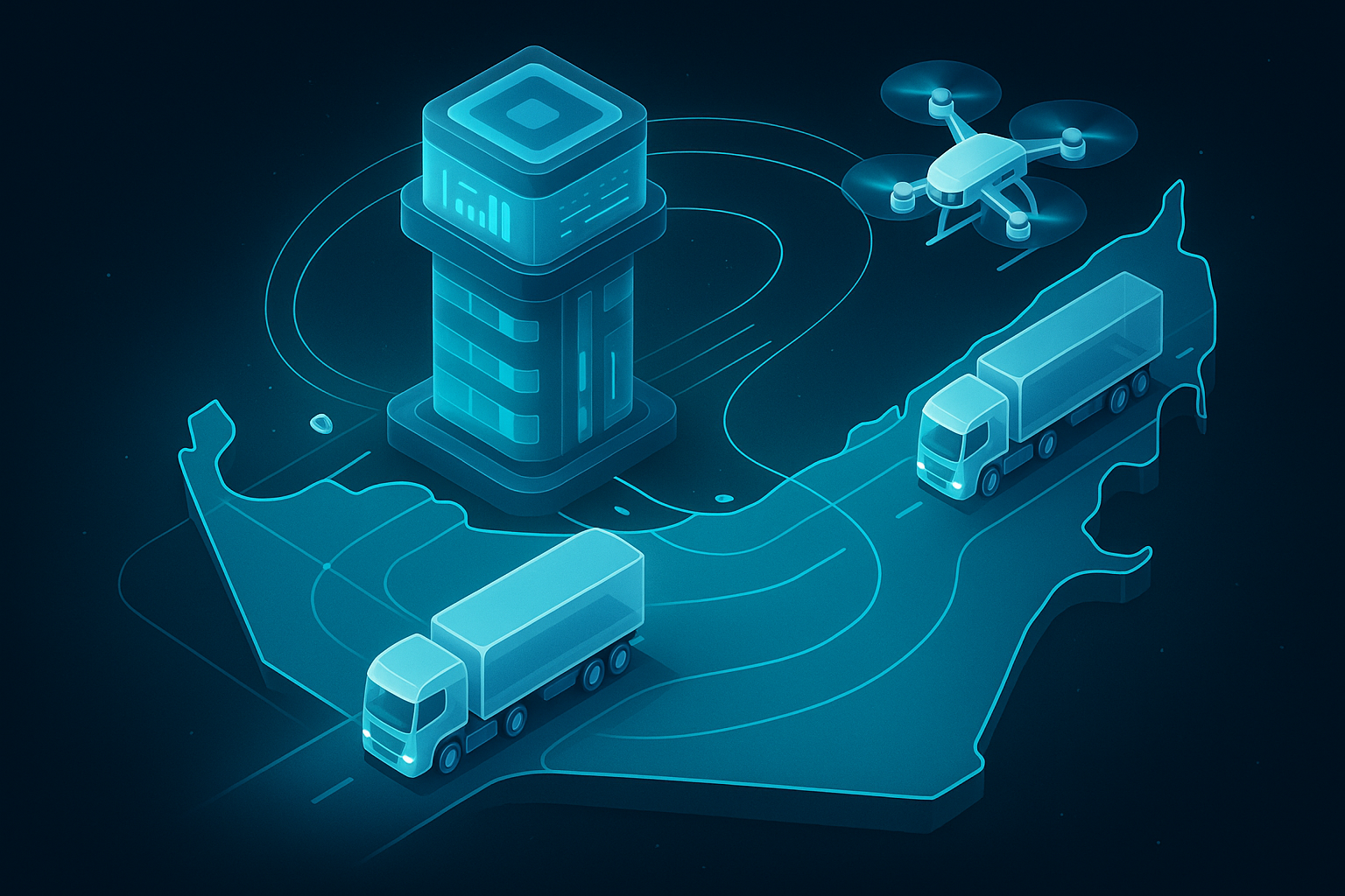 A detailed, futuristic 3D isometric description of a logistics control tower with autonomous trucks, drones, and cyan data streams optimizing routes across a stylized UAE map, rendered in glassmorphism