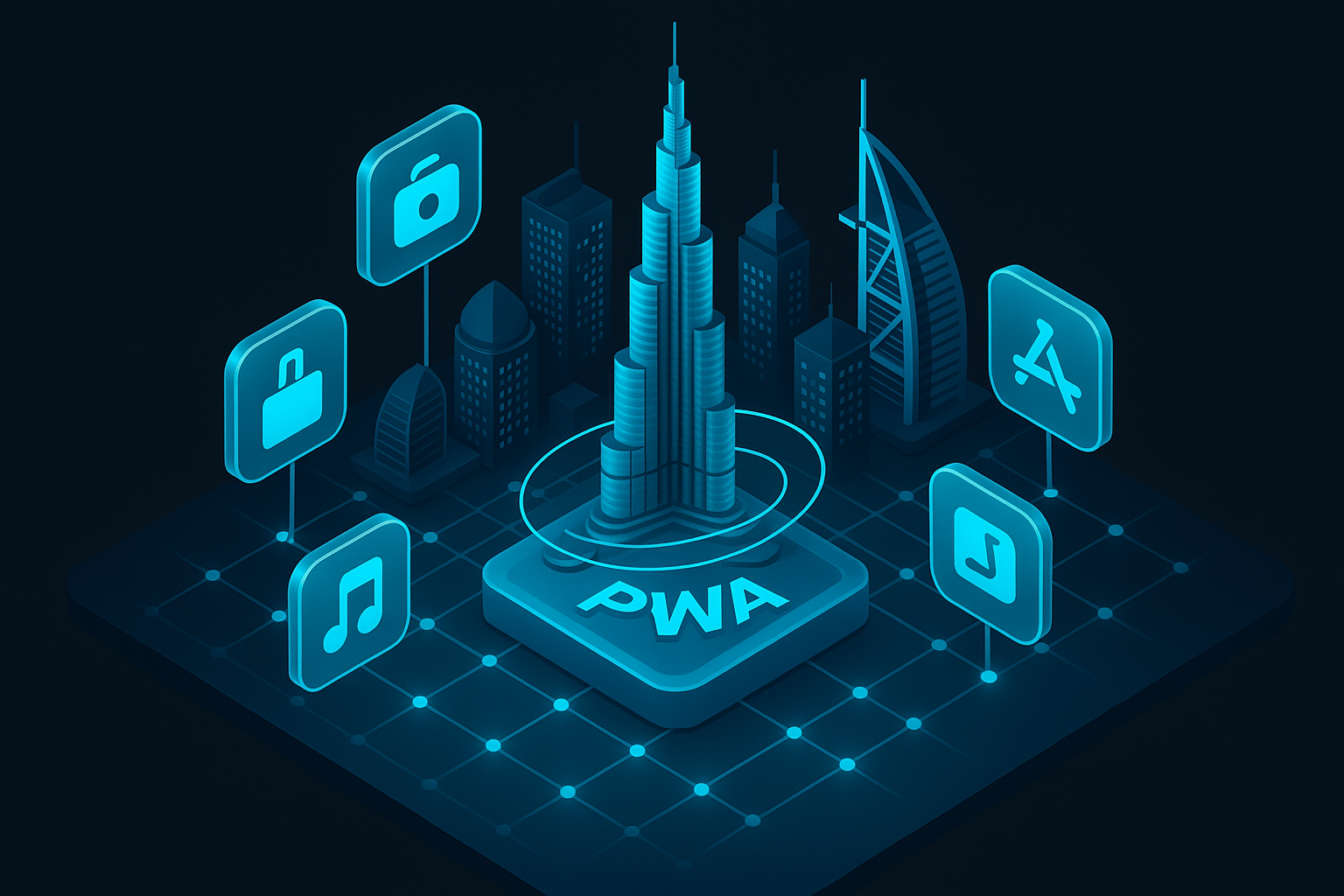 A detailed, futuristic 3D isometric description of a Dubai skyline data grid with app store icons orbiting a central PWA core, glass nodes connected by cyan #00D4FF lines, depicting adoption growth and customer retention