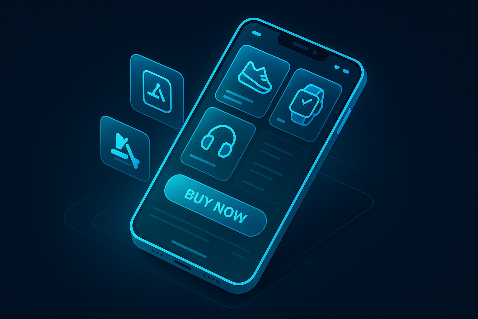 A detailed, futuristic 3D isometric description of a glowing smartphone PWA storefront with cyan #00D4FF accents, holographic product cards, one tap checkout, and app store install badges floating in a dark mode glassmorphism UI