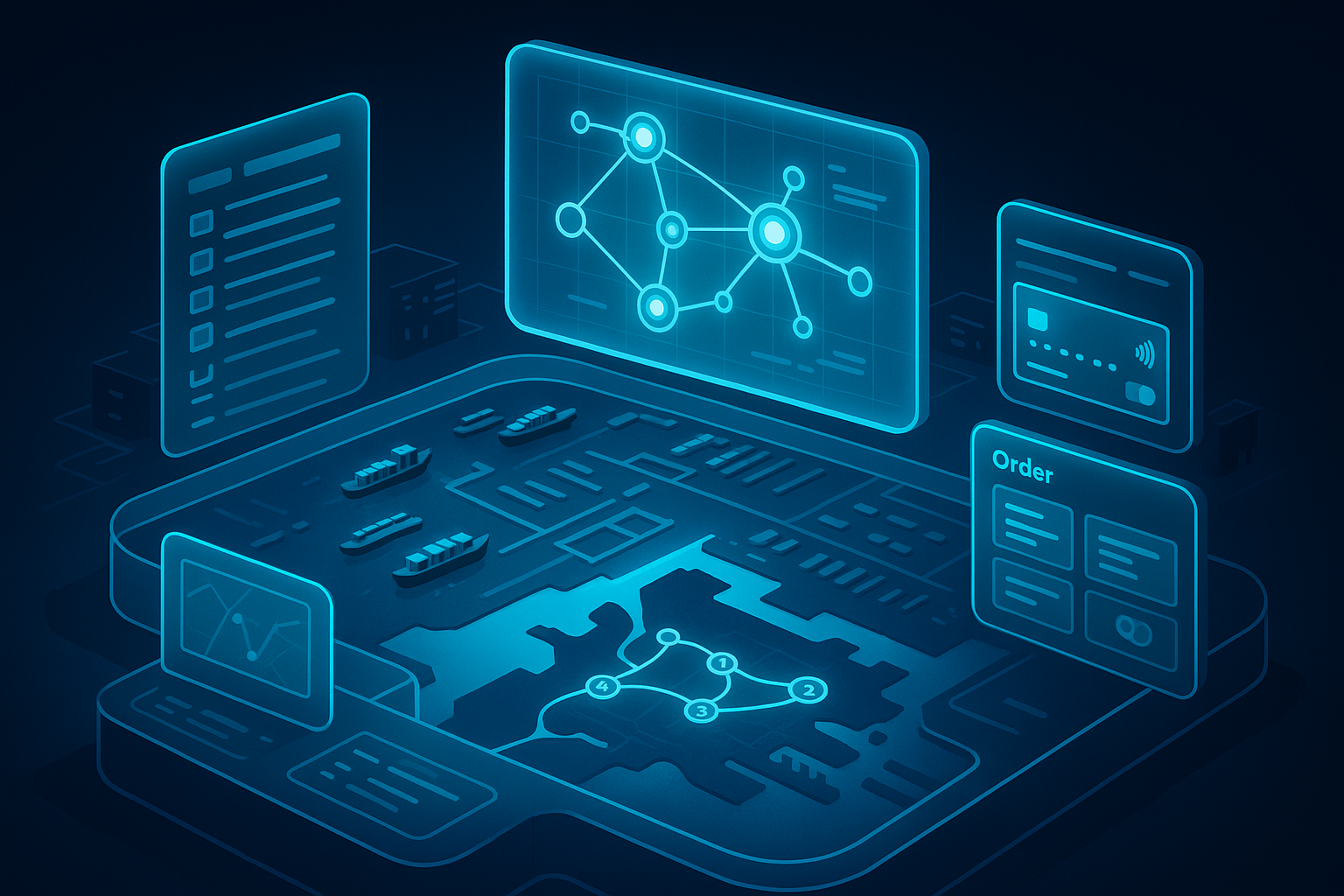 A detailed, futuristic 3D isometric operations war room with holographic delivery routes, order dashboards, and payment gateways, all glowing in cyan within a glassmorphism control center overlooking a stylized Port of Jebel Ali.