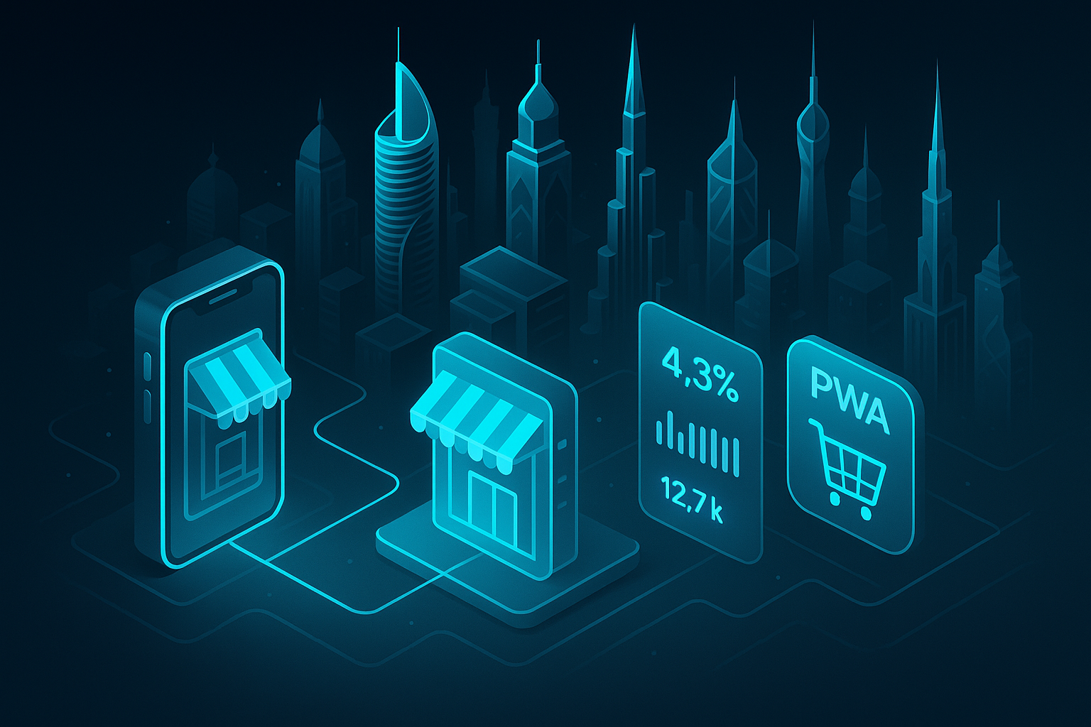 A detailed, futuristic 3D isometric description of a dark mode Gulf cityscape with Dubai Marina towers and Riyadh skyline, glowing cyan #00D4FF data streams connecting mobile phones to holographic storefronts, glassmorphism cards showing conversion metrics, and a PWA install badge hovering above a shopping cart