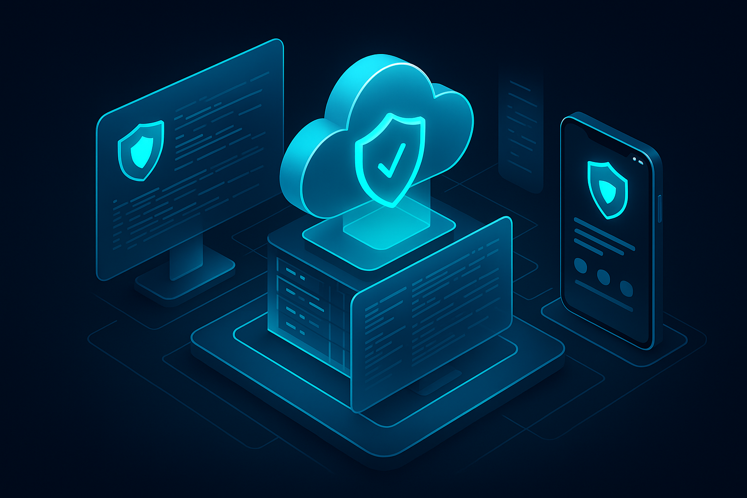 A detailed, futuristic 3D isometric description of a secure cloud control room with cyan shield icons, real time logs streaming across glass panels, and a mobile PWA status board glowing in dark mode