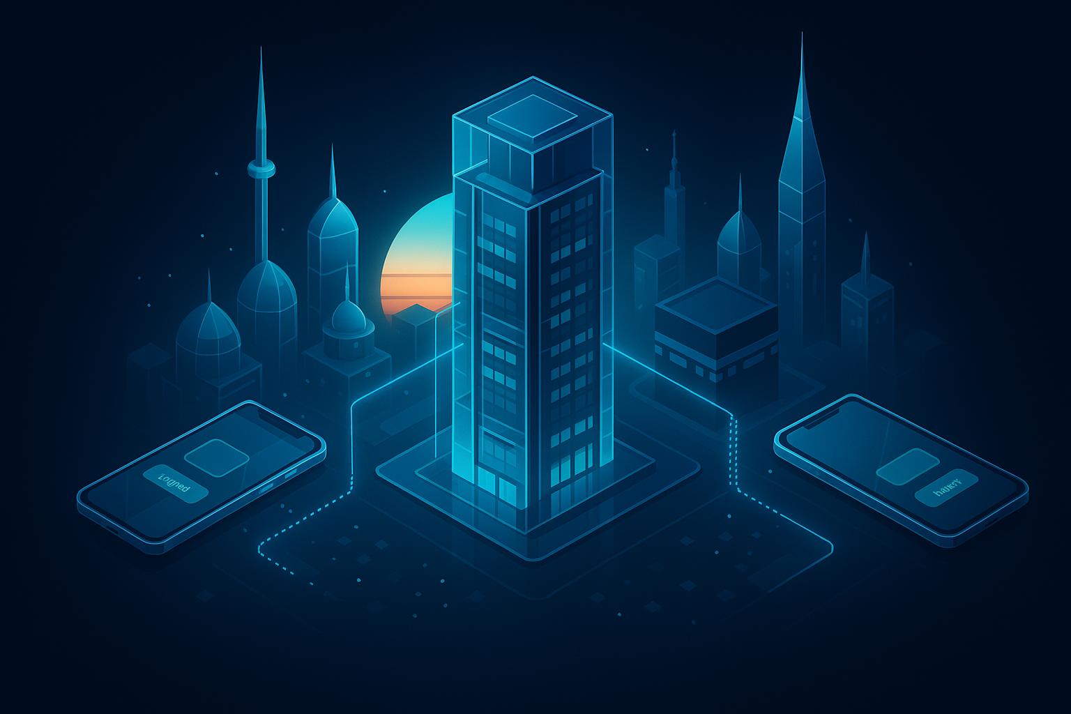 A detailed, futuristic 3D isometric description of a glassy Middle East skyline at sunrise, with holographic data streams connecting a headquarters building to mobile devices showing PWA install prompts, cyan #00D4FF glow, sleek glass panels, premium vibe