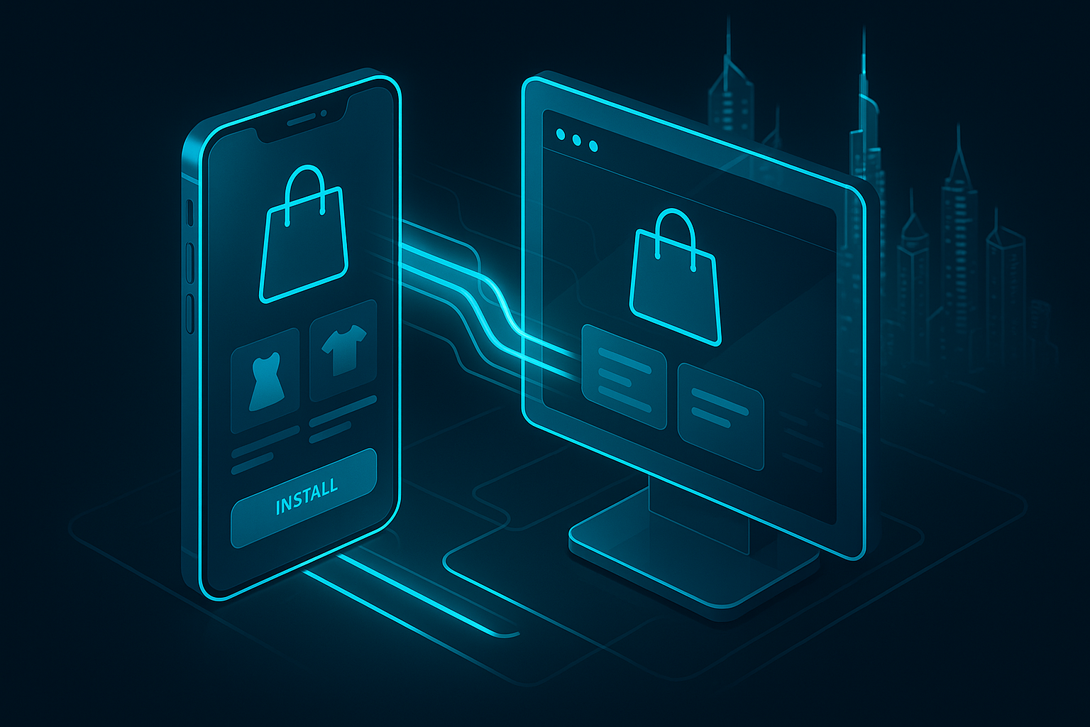 A detailed, futuristic 3D isometric description of a glassy smartphone and desktop fusing into a single PWA storefront, cyan #00D4FF data streams linking both, Dubai Marina skyline glowing in the background, dark mode glass panels with soft reflections and install buttons