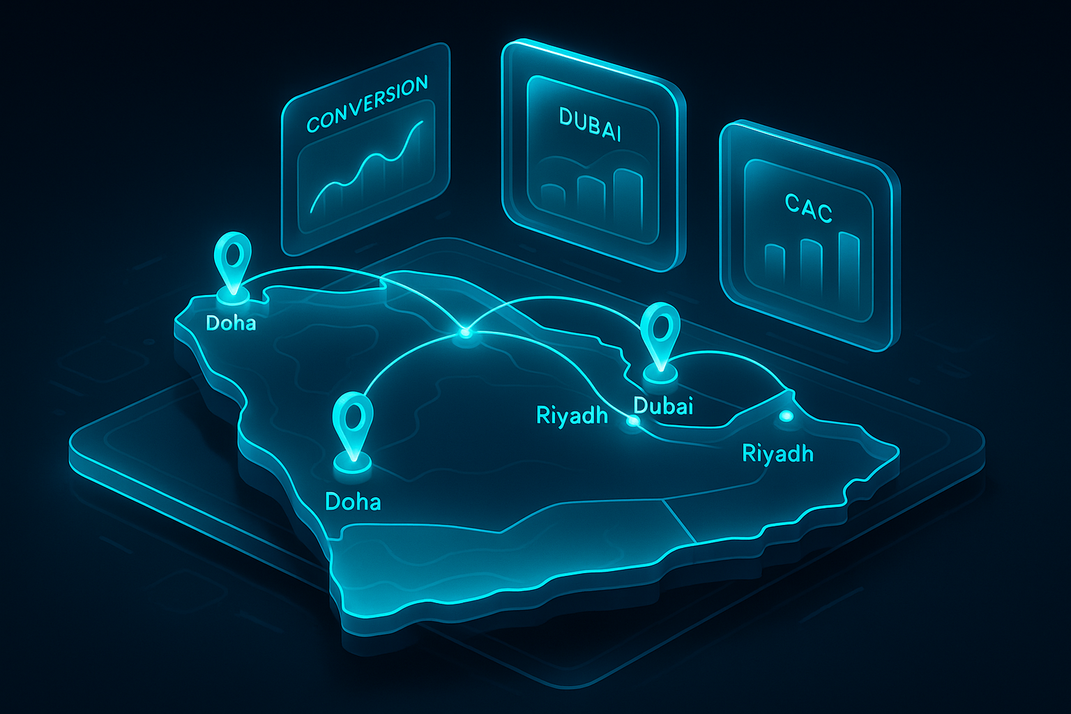 A detailed, futuristic 3D isometric description of a glowing cyan GCC map with city nodes for Dubai, Abu Dhabi, Riyadh, Jeddah, and Doha, connected by neon commerce routes, floating glass analytics panels showing conversion, CAC, and LTV, all in a premium dark mode glassmorphism style