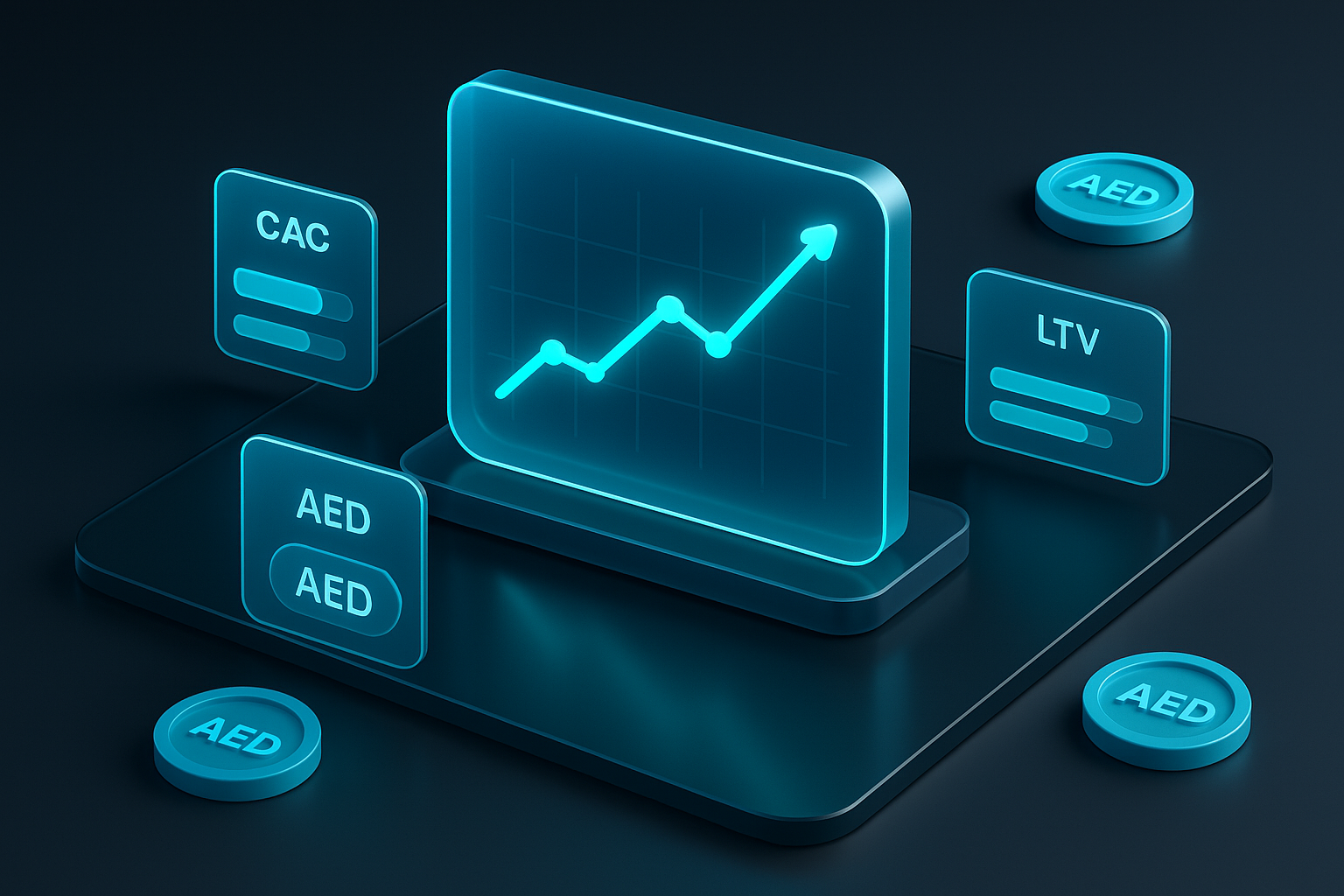 A high fidelity 3D isometric ROI dashboard with cyan trend lines, AED currency chips, and cards showing CAC, LTV, and payback period, floating over a dark glass surface