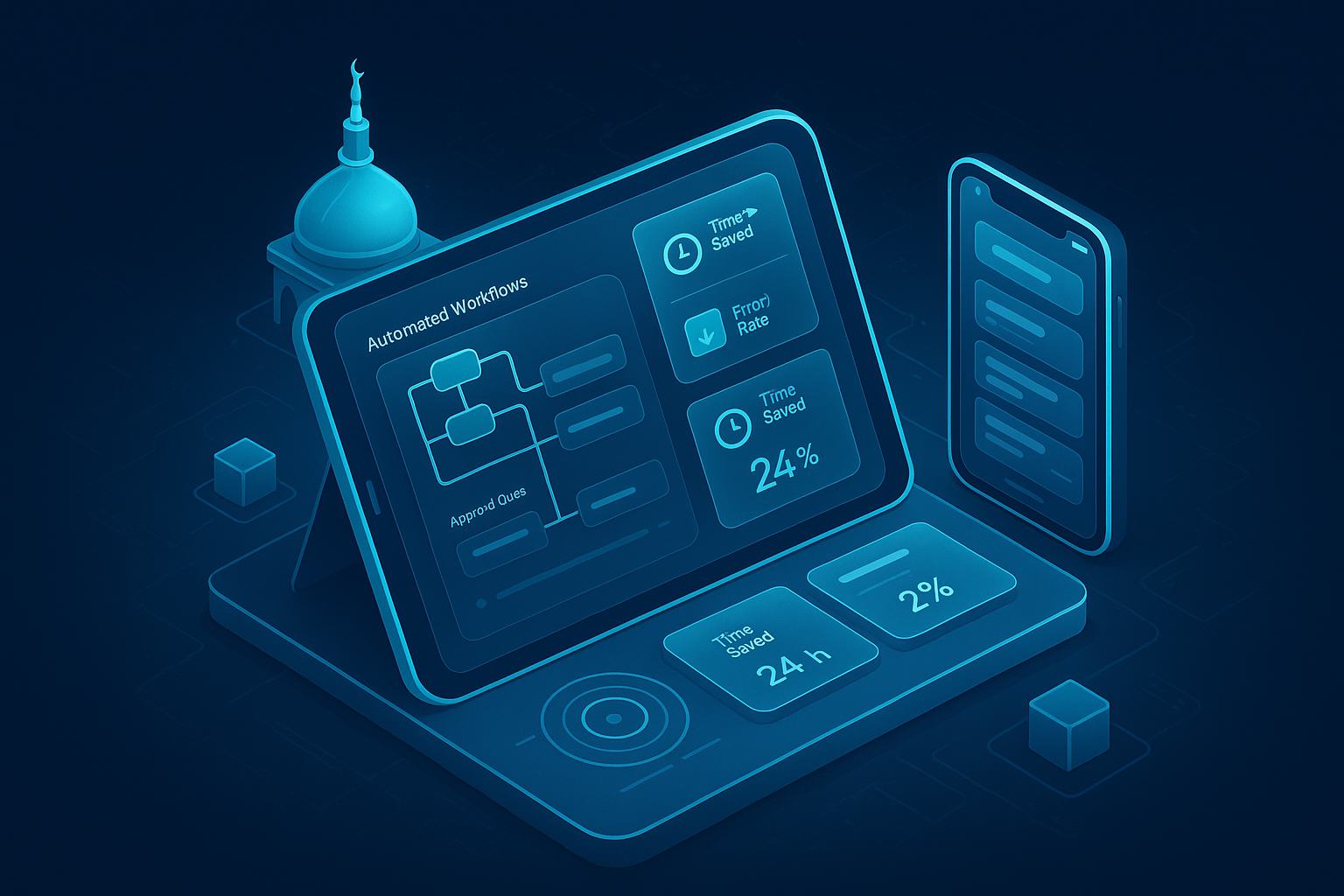 A detailed, futuristic 3D isometric description of a glassmorphism PWA cockpit on a tablet and phone, showing automated workflows, approval queues, and cyan KPI tiles for time saved and error rates, with subtle UAE motifs