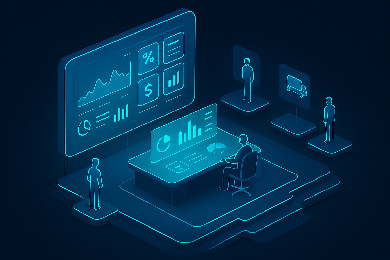 A detailed, futuristic 3D isometric description of an executive war room with a glassmorphic wall dashboard, KPI tiles glowing cyan #00D4FF, and AI agents orchestrating workflows across finance, retail, and logistics