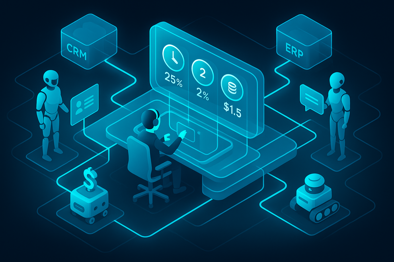 A detailed, futuristic 3D isometric control room with AI agents coordinating finance bots, service assistants, and logistics robots; a central glass console displays KPIs for time saved, error rate, and cost per task; cyan energy lines connect modules labeled CRM, ERP, and PWA.