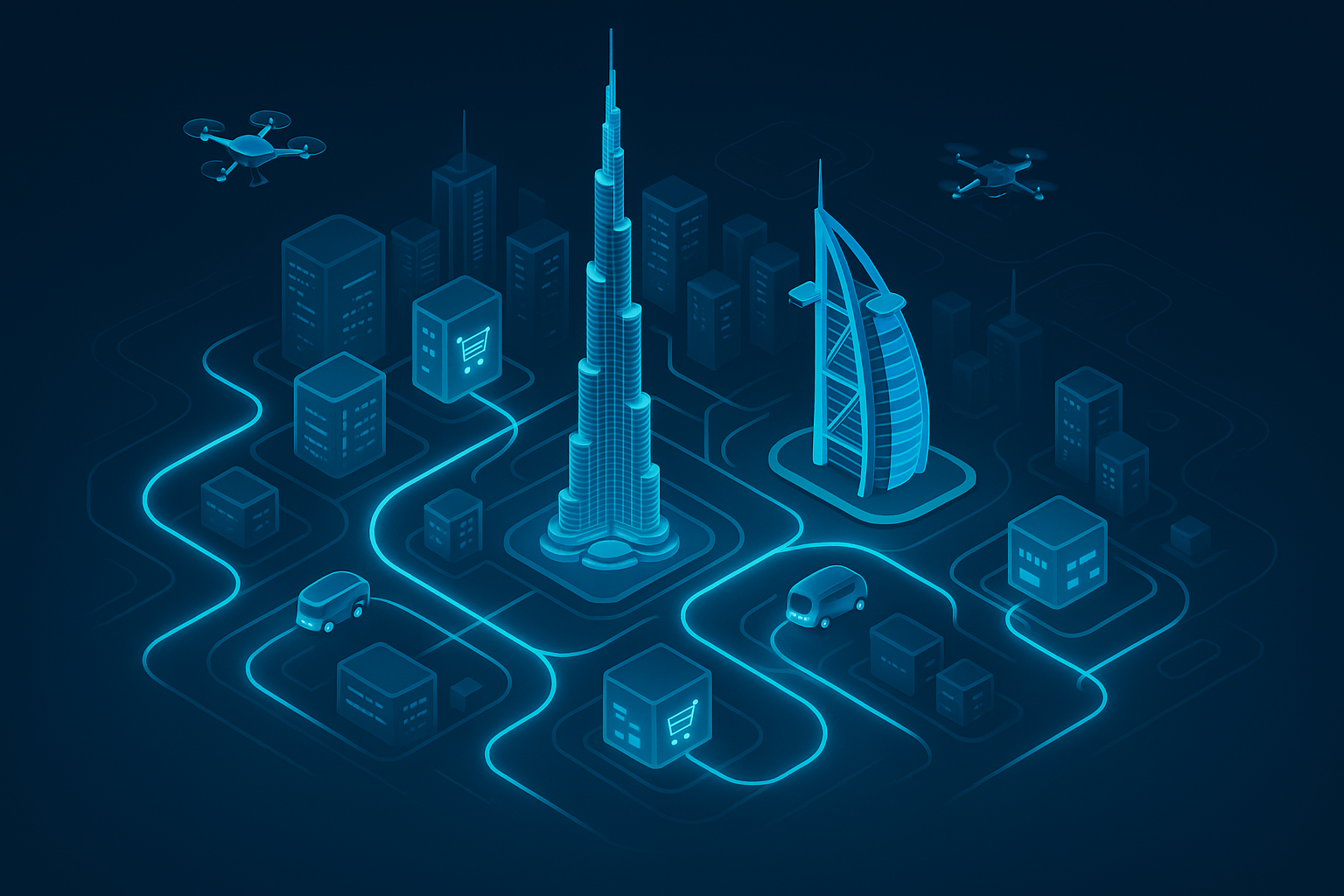 A detailed, futuristic 3D isometric description of a GCC smart city skyline with Dubai landmarks, glowing logistics routes, drones, and autonomous delivery pods connecting cyan lit ecommerce hubs, all in glassmorphism style on a dark interface
