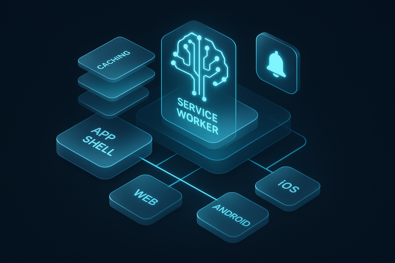 A detailed, futuristic 3D isometric cutaway of a PWA architecture, with a service worker as a glowing cyan #00D4FF circuit, app shell caching layers, push notification nodes, and a single codebase branching into web, Android, and iOS tiles in a glassmorphism environment.