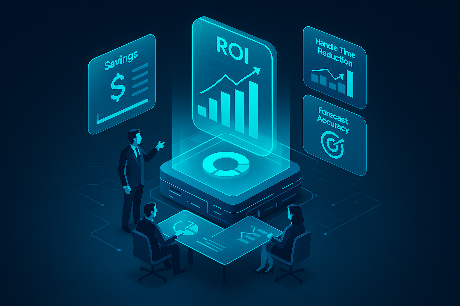 A detailed, futuristic 3D isometric description of a cyan lit ROI dashboard with glassmorphism cards showing savings, handle time reduction, and forecast accuracy, executives in a boardroom reviewing results on holographic screens