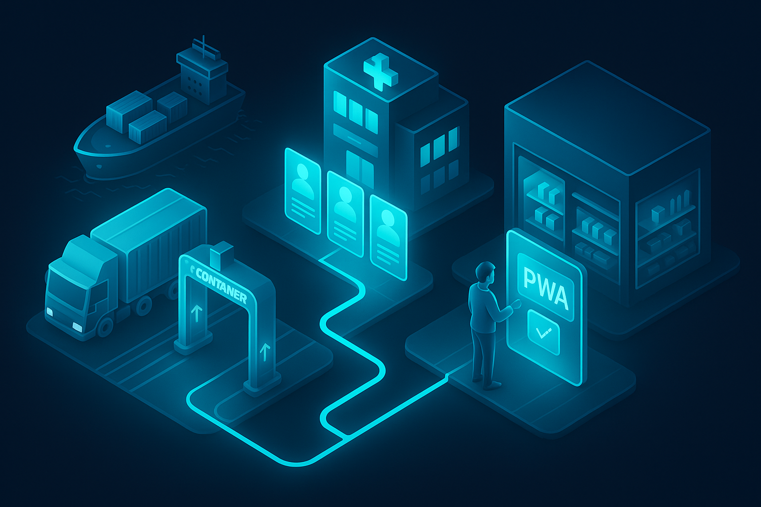 A detailed, futuristic 3D isometric description of three vertical scenes: a port with smart gates, a clinic with holographic appointment tiles, and a retail store with glowing PWA checkout, all connected by cyan #00D4FF pathways