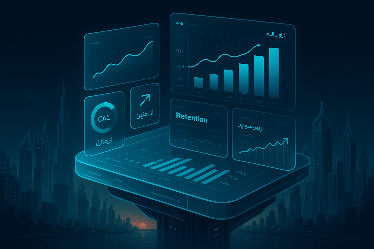 A detailed, futuristic 3D isometric view of a cyan glowing ROI control room hovering above the Dubai Marina skyline at sunrise, glassmorphism panels showing conversion rates, CAC, retention, and revenue projections, with holographic charts and a subtle Arabic type interface in dark mode