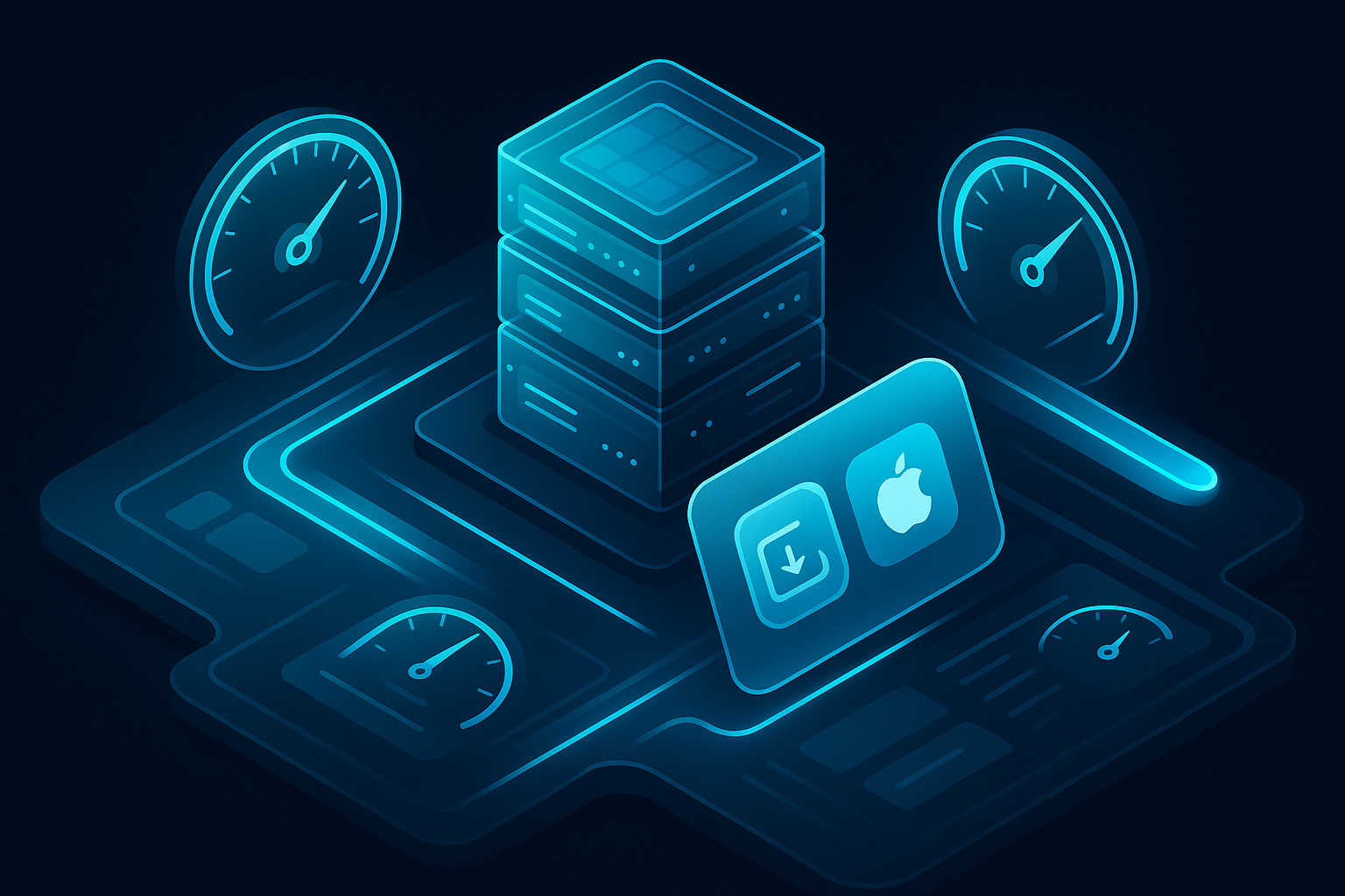 A detailed, futuristic 3D isometric description of a performance lab with glass servers and holographic speed gauges, a PWA install card floating beside native app icons, cyan #00D4FF trails indicating faster load and lower friction in a dark mode dashboard environment