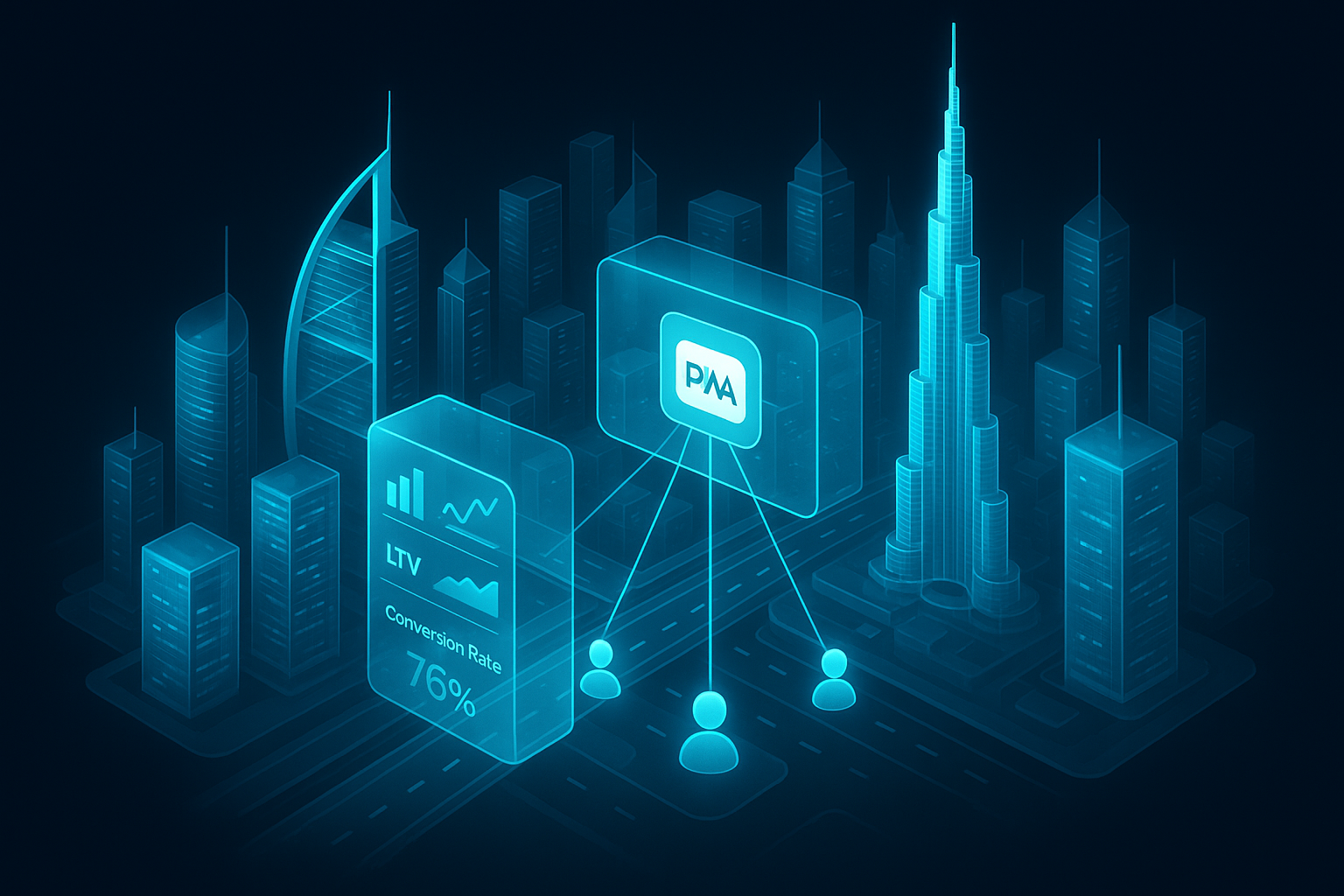 A detailed, futuristic 3D isometric description of a dawn Dubai skyline with glass towers, a cyan holographic brand dashboard floating over Sheikh Zayed Road, AR style data beams linking users to a central PWA icon, reflective glassmorphism panels showing KPIs like CPA, LTV, and conversion rate