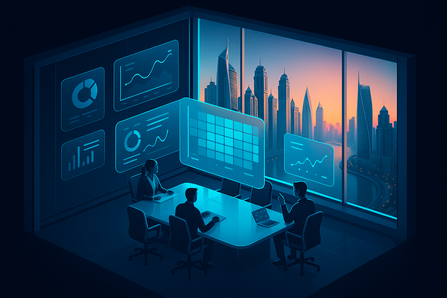 A detailed, futuristic 3D isometric boardroom overlooking Dubai Marina at sunrise, glassmorphism dashboards floating in cyan #00D4FF, executives reviewing ROI heatmaps on transparent panels, dark mode ambience